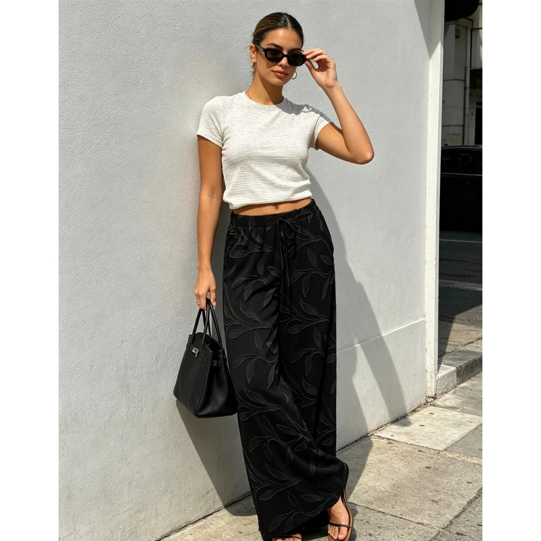 Coolmee Women’s Wide Leg Pants Jacquard Elastic High Waist Drawstring Trousers Textured Casual