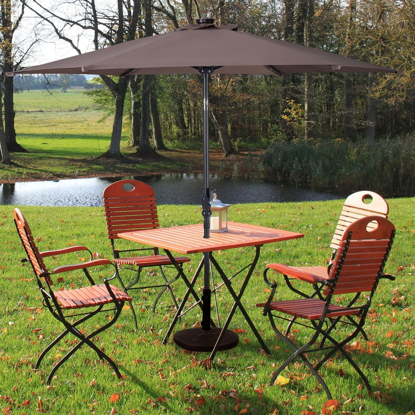 SUGIFT 9-ft Tan Solar LED Market Patio Umbrella with 18 Lights 6 Steel Ribs Push Tilt and Crank Lift