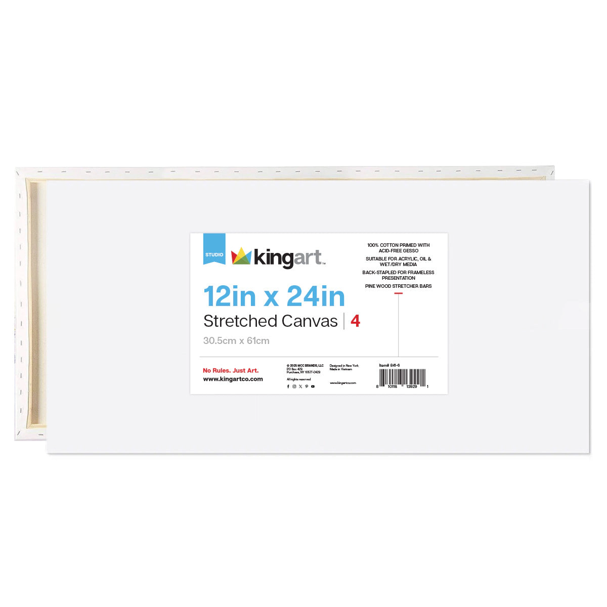 KINGART Stretched White Canvas 12" x 24" (4 Pack) - 100% Cotton, Gesso-Primed
