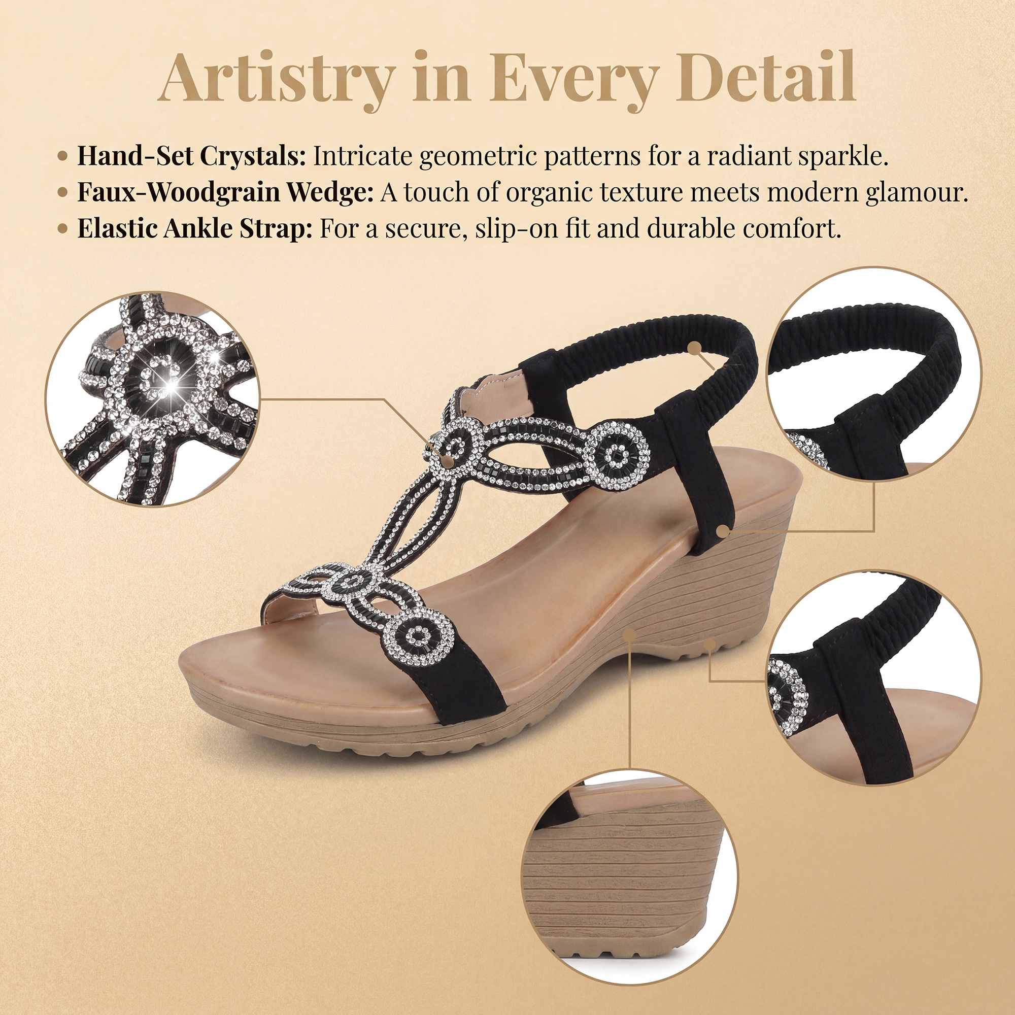 BLISSFUL STEP Women's Glitter Rhinestone Elastic Band Peep Toe Platform Sandals