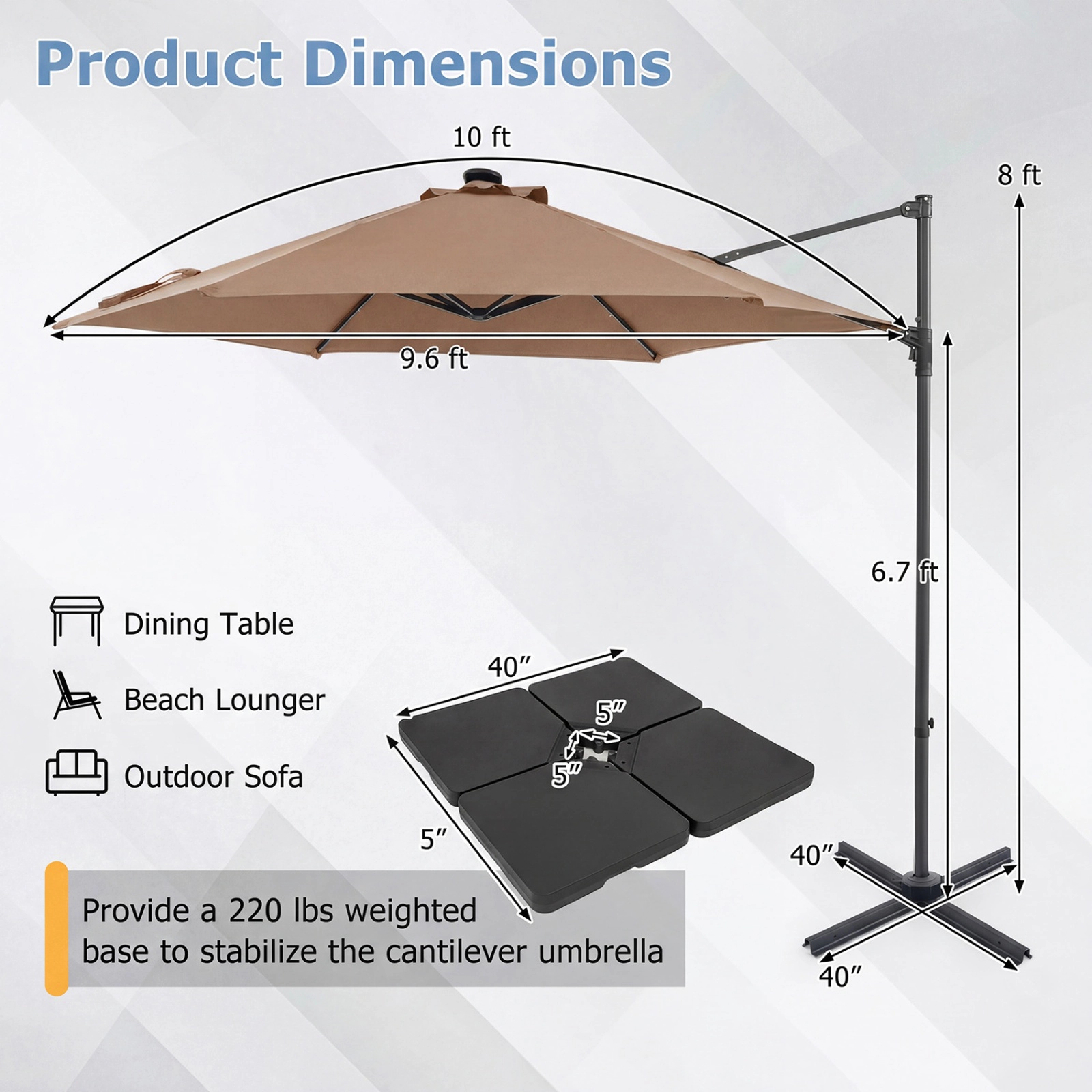 SUGIFT 10-ft Tan Solar LED Offset Cantilever Patio Umbrella with Manual Lift and Cross Base