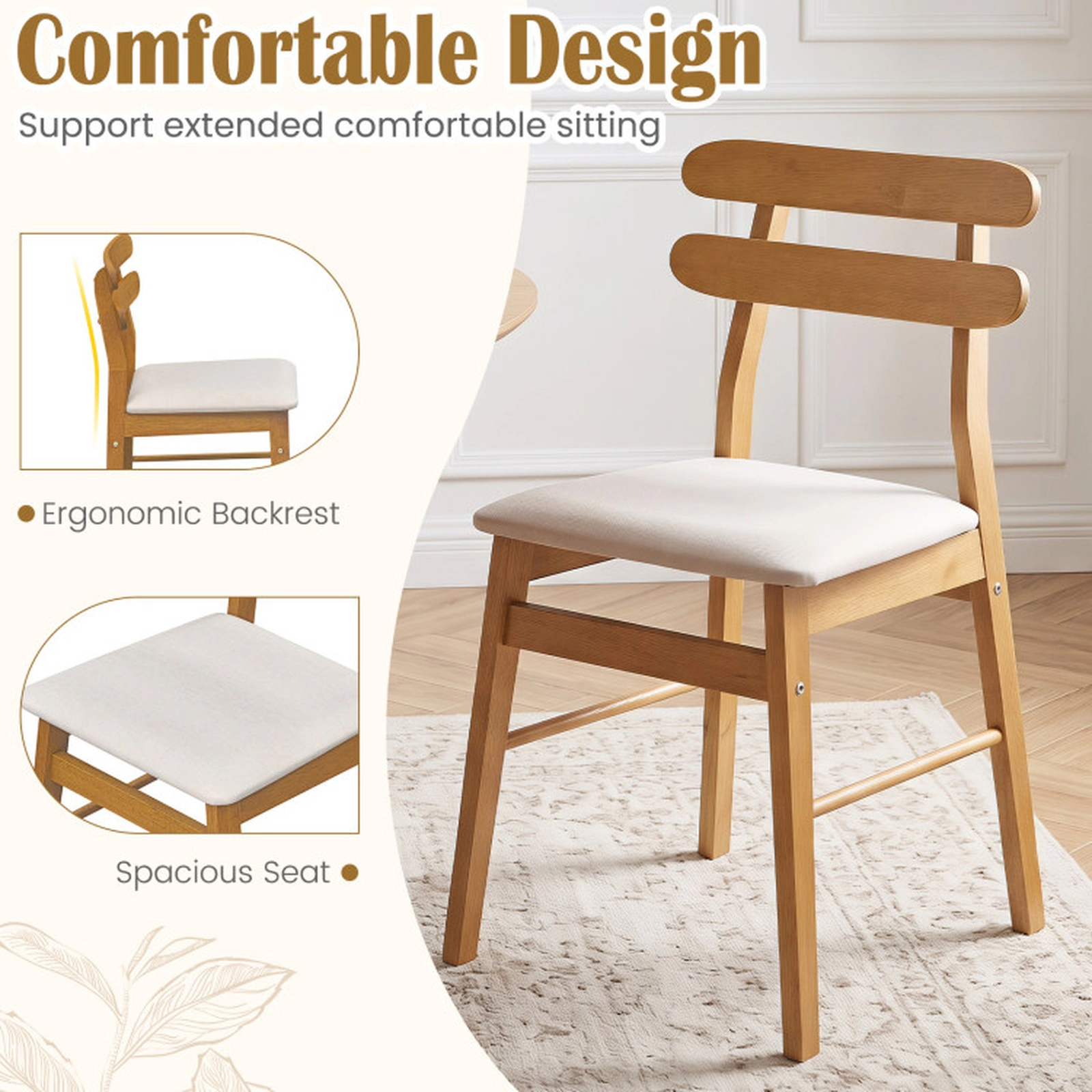 SUGIFT Set of 4 Beige Linen Upholstered Dining Chairs, Padded Seats, Natural Wood Legs