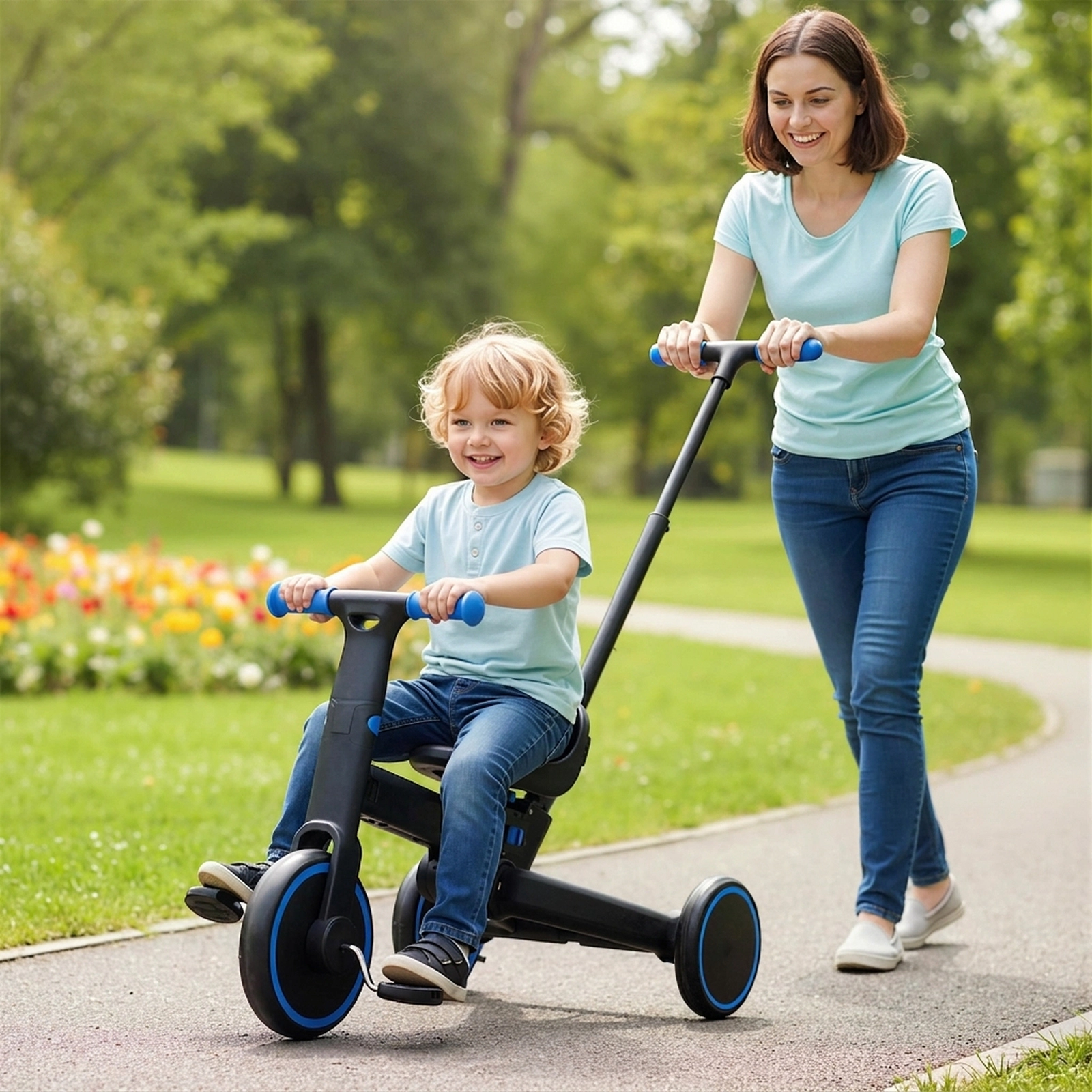 Kids Trike Stroller 4-in-1 Folding Toddler Tricycle Parent Steering Handle 2-Way Adjustable Seat 18-60 Months Navy