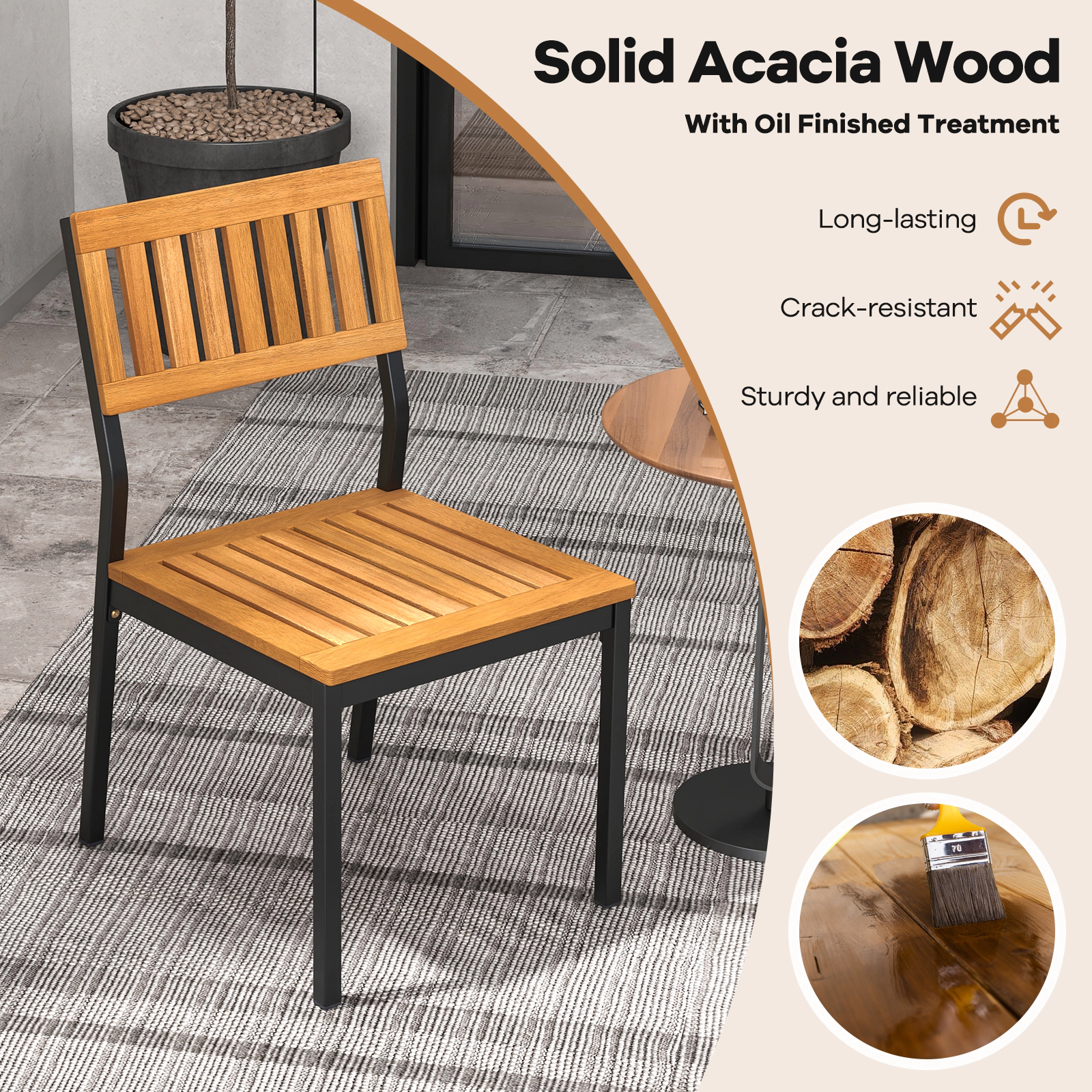 SUGIFT Set of 2 Acacia Wood Outdoor Bistro Dining Chairs, Metal Frame, Slatted Back