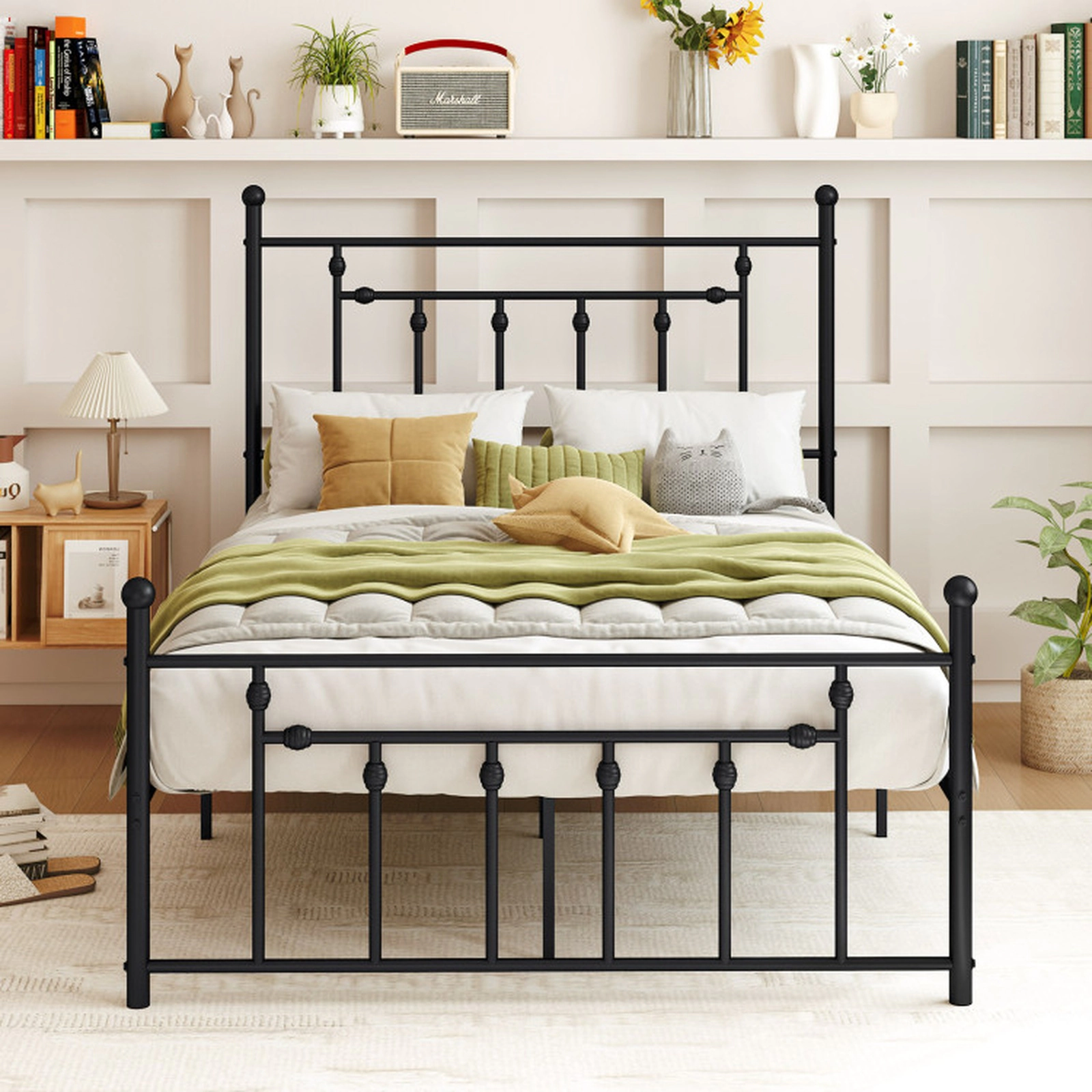 SUGIFT Twin Size 660-lb Bed Capacity Heavy Duty Metal Bed Frame with Headboard and Slat Support 50-in H Black
