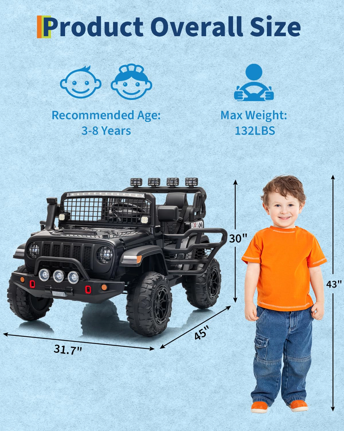 Enjyam 24V 2-Seater Kids Electric Ride On Truck with Remote, Dual 200W Motors, 20" Seat, LED Lights, Music