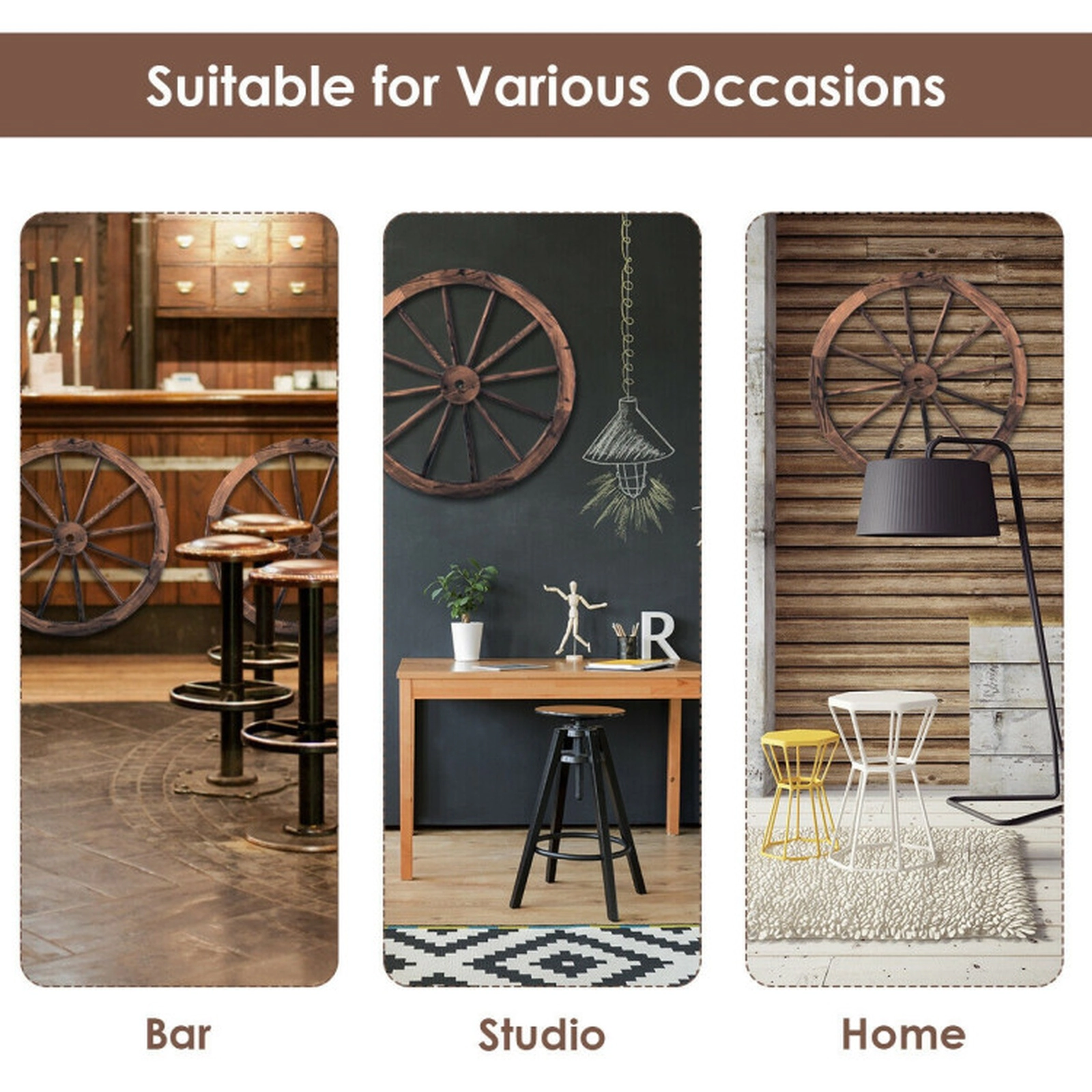 SUGIFT Set of 2 Brown Carbonized Fir Wood Decorative Wagon Wheels with Steel Rims 30-in Dia 1.5-in D