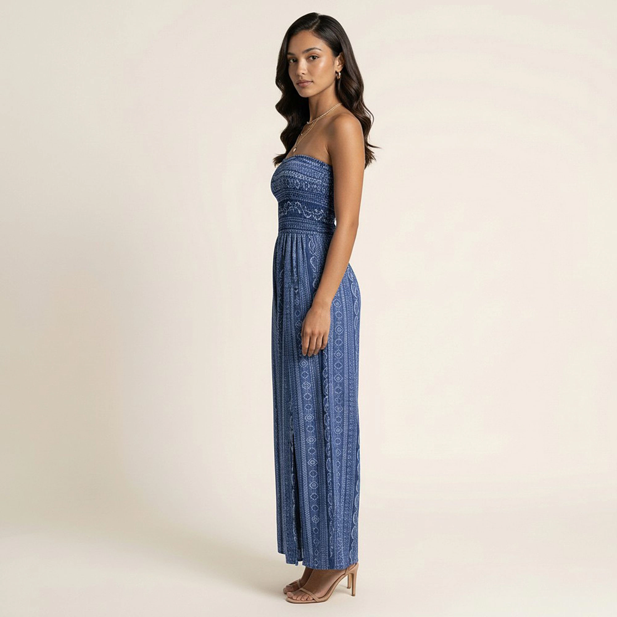 Anna-Kaci Womens Strapless Smocked Wide Leg Jumpsuit with Side Slits