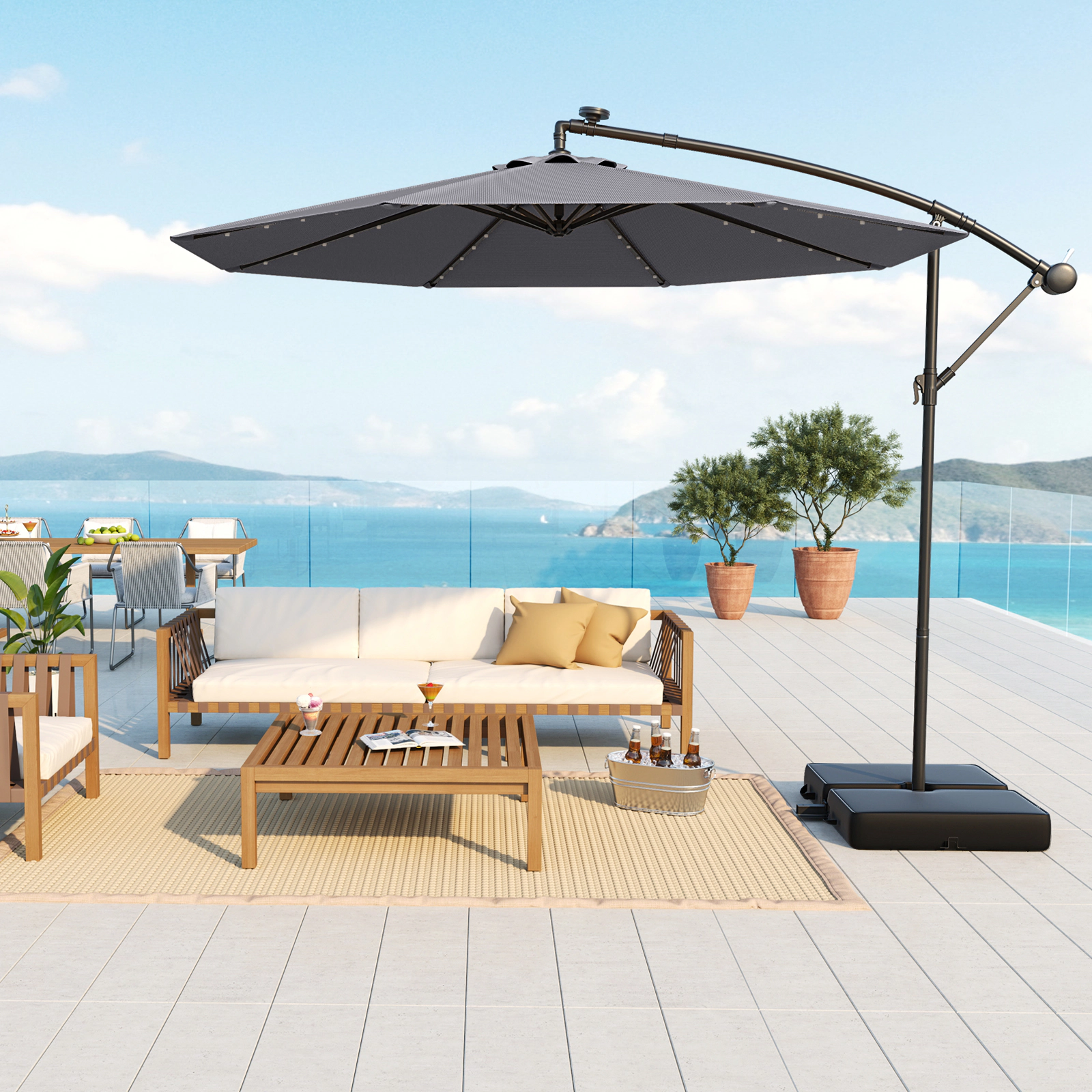 SUGIFT 10-ft Gray Offset Hanging Patio Umbrella with 40 Cool White Solar Lights and Vented Double Top