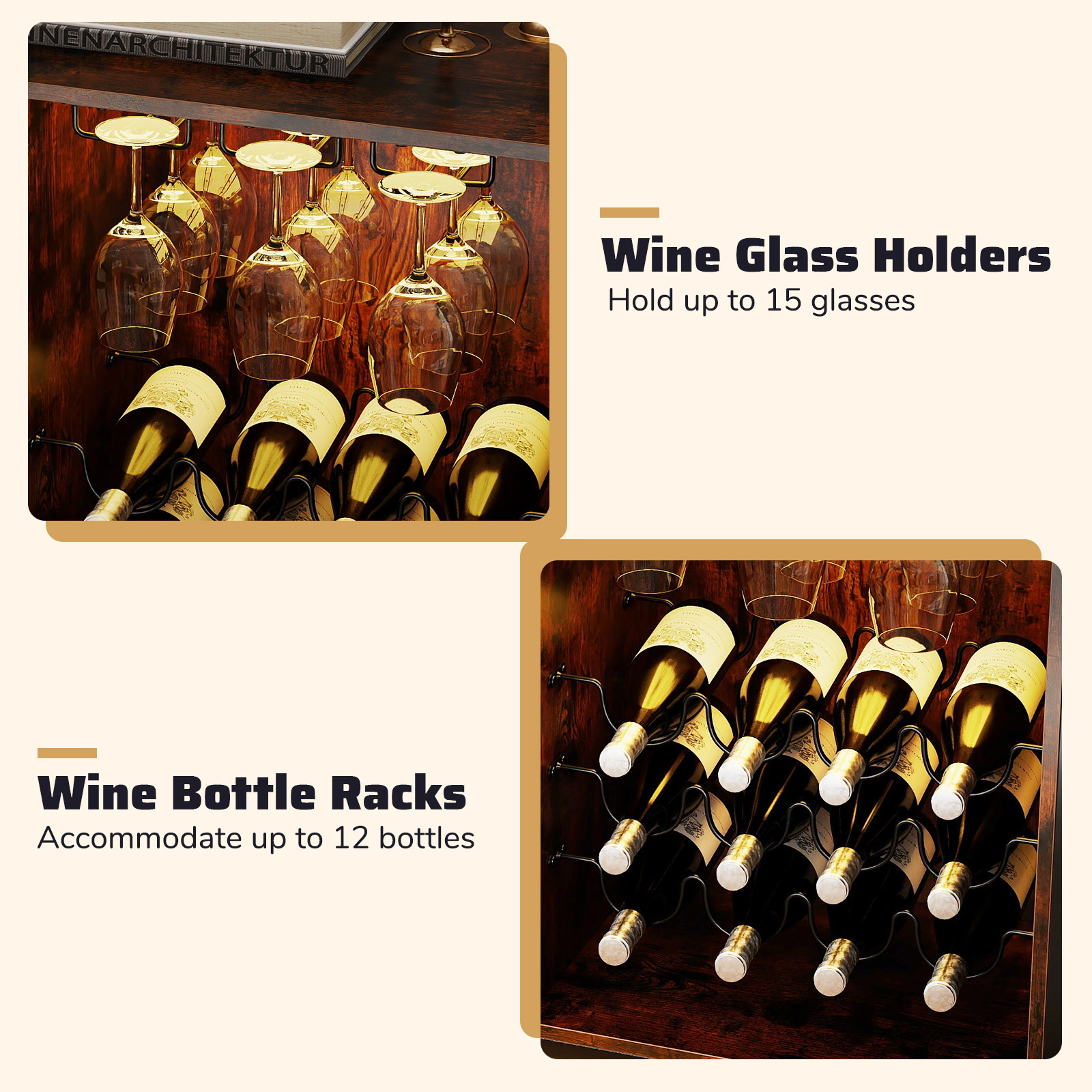 SUGIFT Rustic Brown 42.5-in Wine Bar Cabinet with LED Light Glass Doors 12-Bottle Rack and Glass Holder