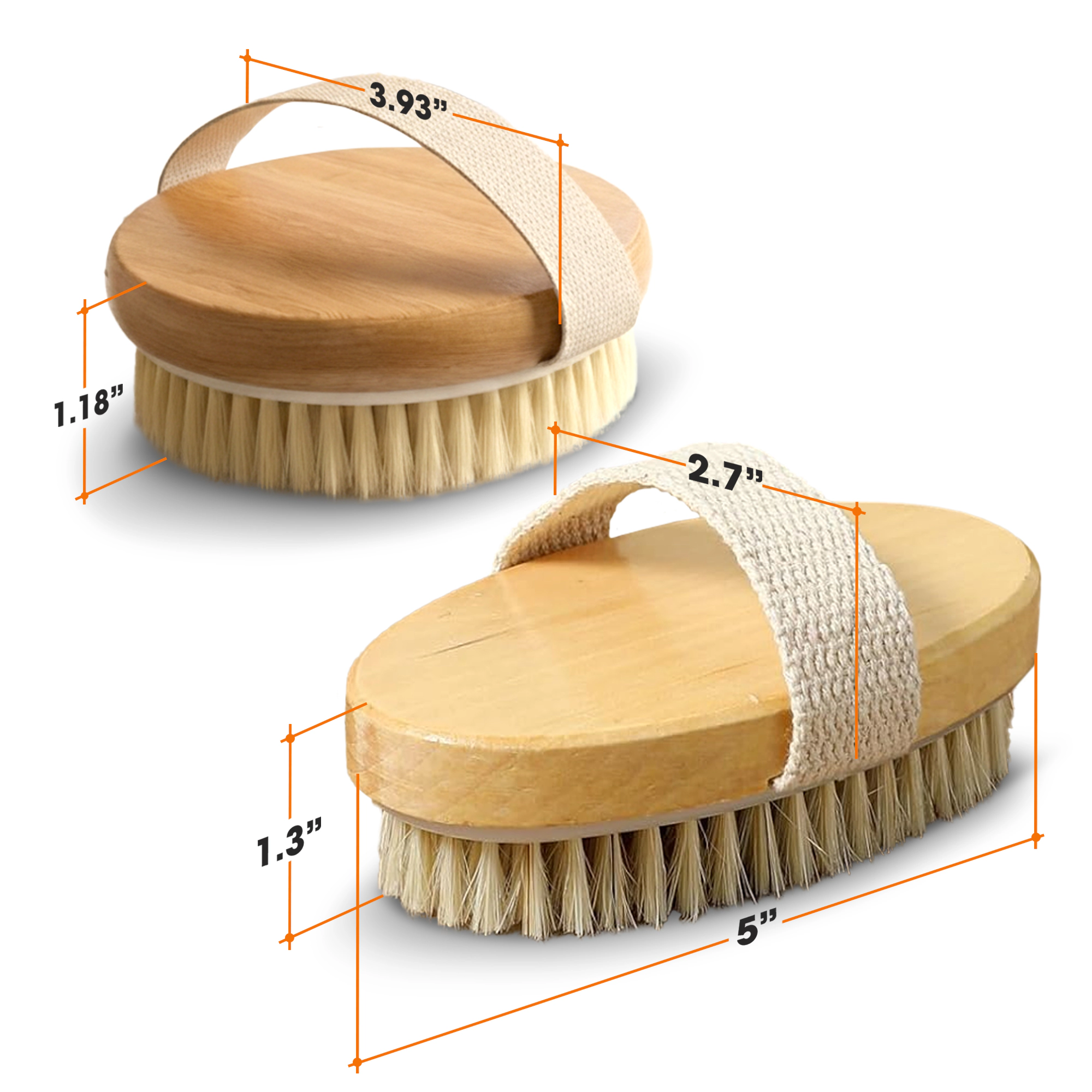 Cheer Collection 2-Pack Natural Bristle Exfoliating Body Brushes with Hand Straps, Wet or Dry