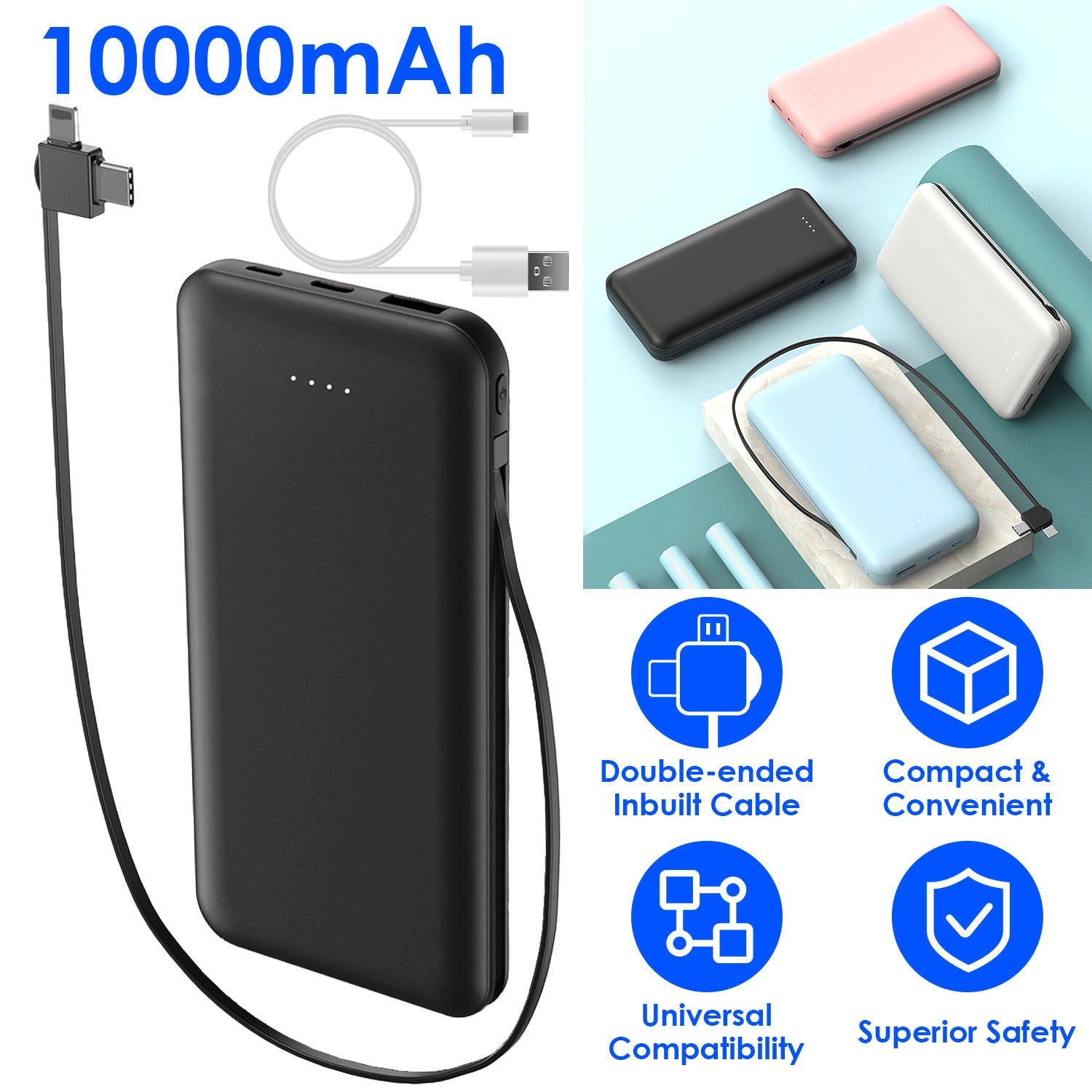 GBruno 10000mAh Dual-Cable Power Bank