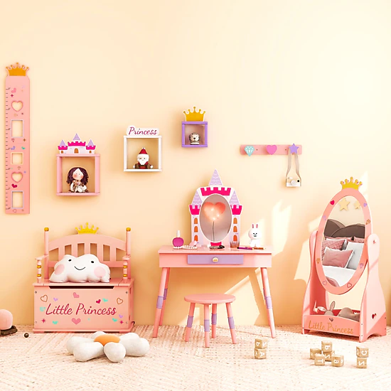 SUGIFT Pink Real Silver Mirror and Large Drawer Kids Vanity Table and Stool Set