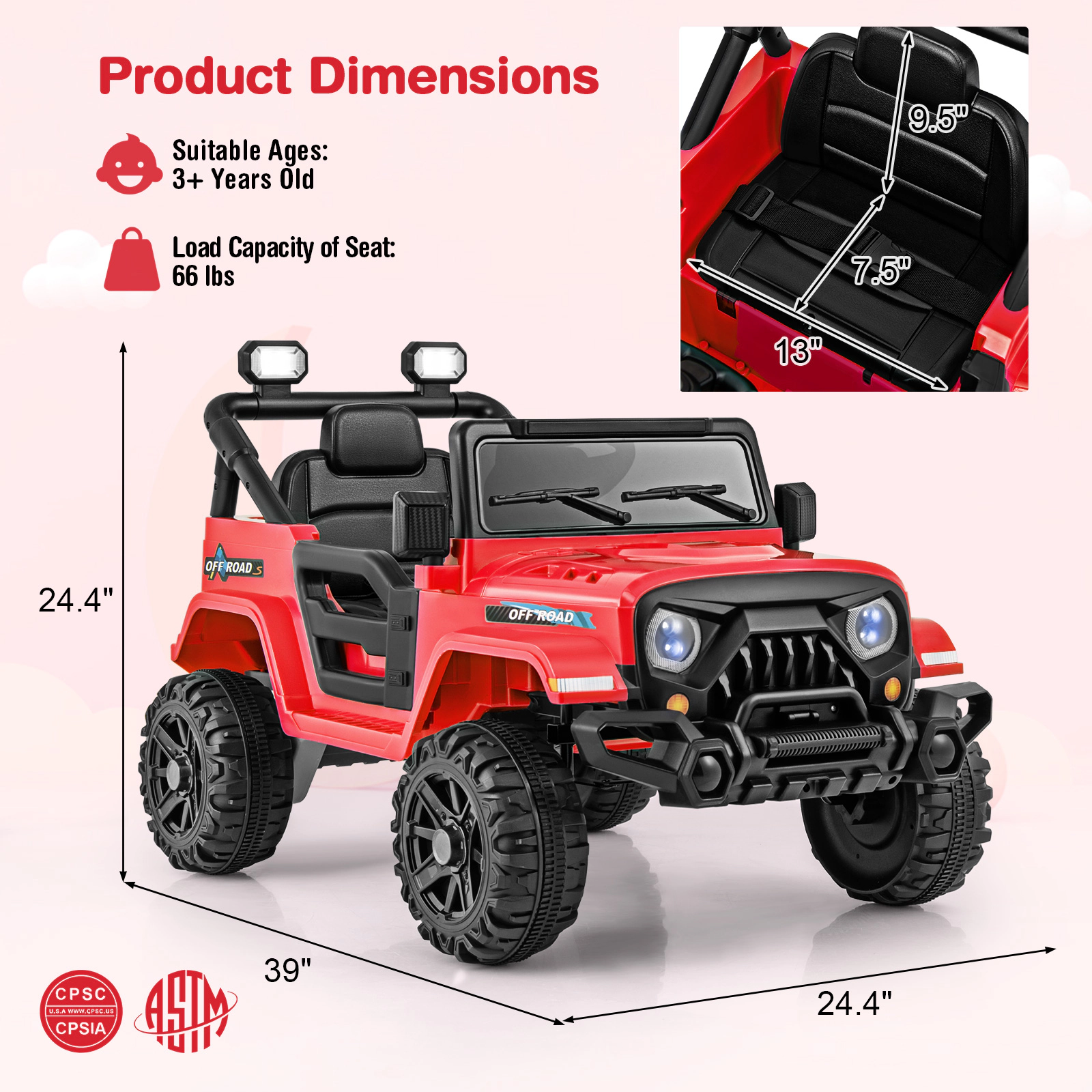 12V Kids Ride on Truck Parent Remote 3 Speeds Openable Doors LED Headlights Safety Belt Music Ages 3+ 66-lb Capacity