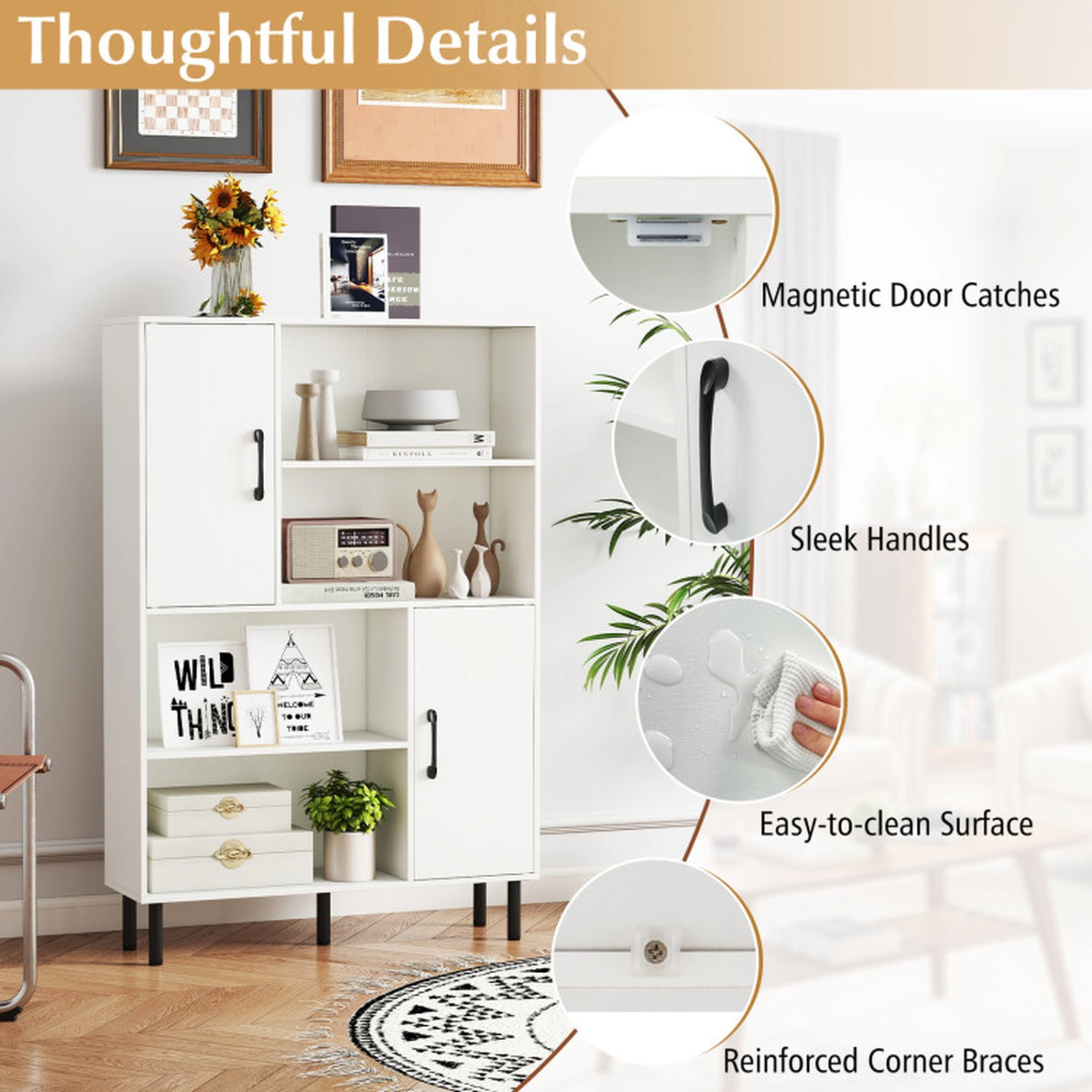 SUGIFT White 47-in Narrow Freestanding Bookshelf with 2 Doors 4 Open Shelves and Metal Legs for Study