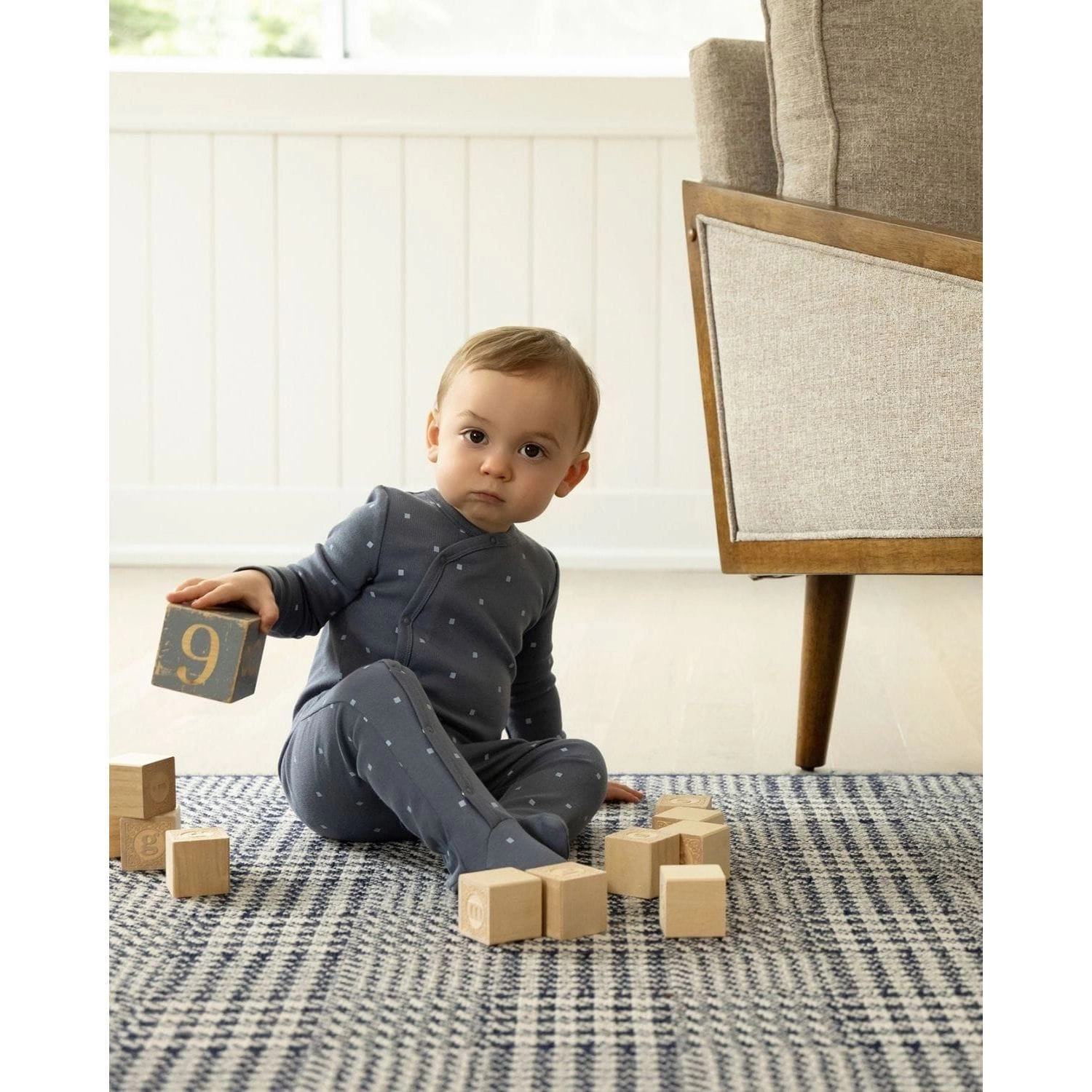 MeMoi Baby and Toddler Boys "Little Squares" Side-Snap Ribbed Cotton Rich Footie