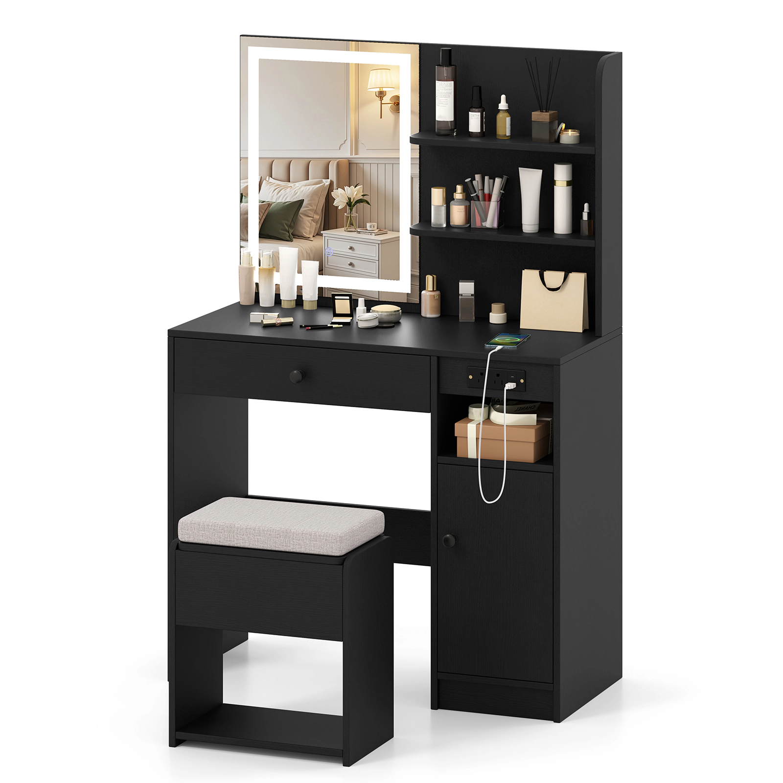 SUGIFT Lighted Vanity Desk Mirror Built-In Outlets & Storage Stool 110-Lb Tabletop 330-Lb Stool Capacity White/Black