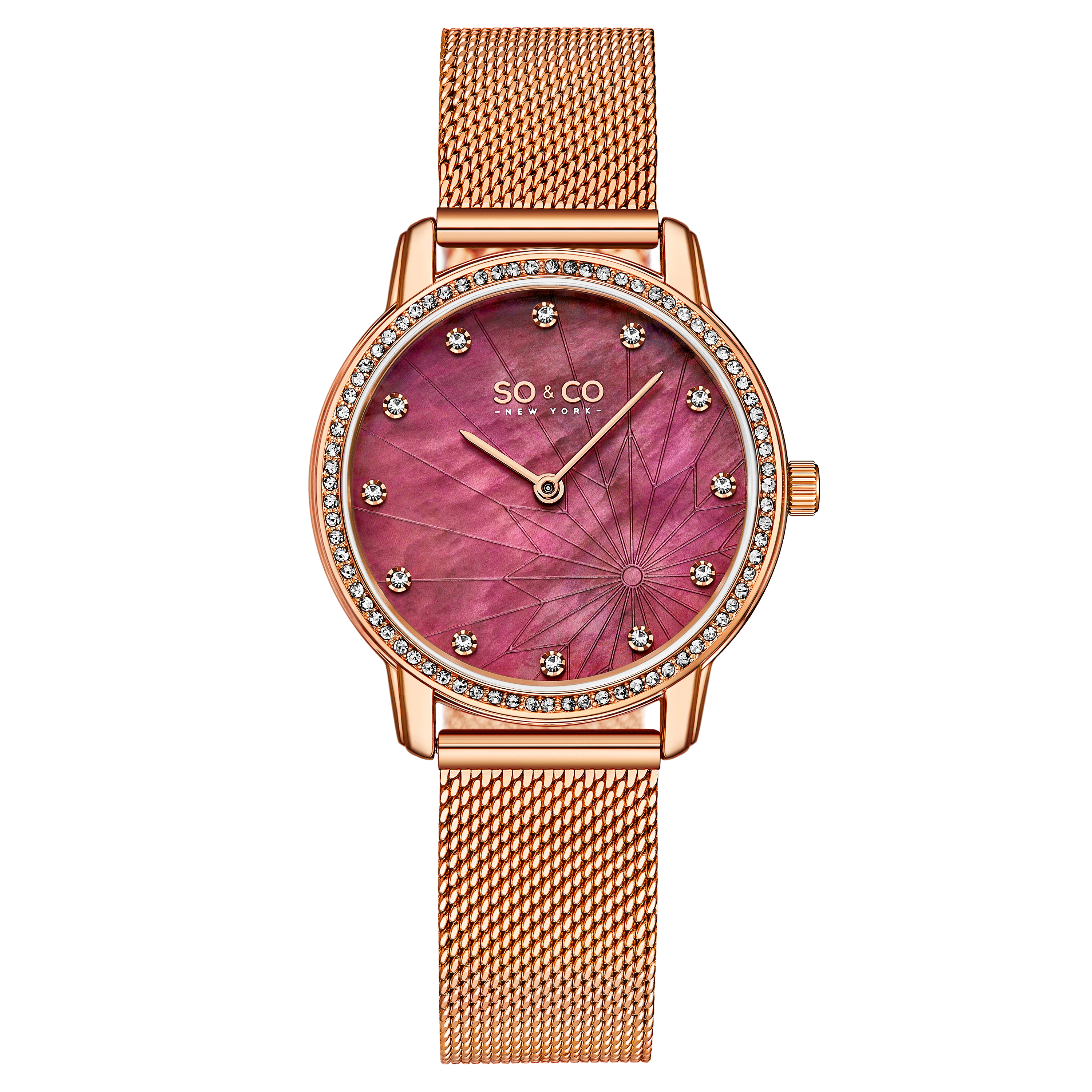 SO&CO Chelsea 5586 34mm Crystal Studded MOP Watch with Mesh Strap