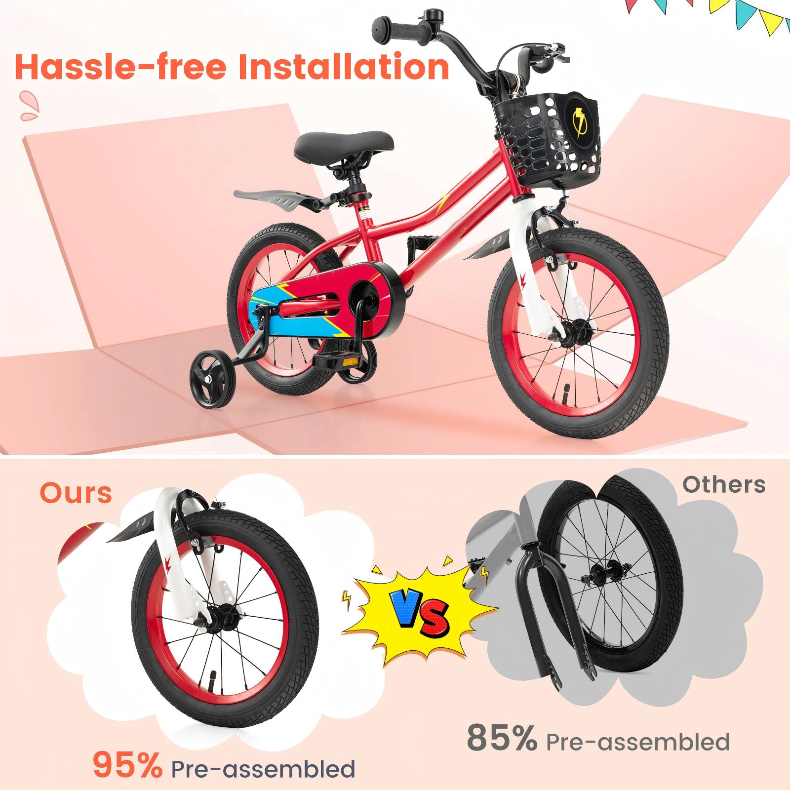 SUGIFT Height-Adjustable 14-Inch Kids Bike with Training Wheels 99-lb Capacity Ages 3-5 Years Red