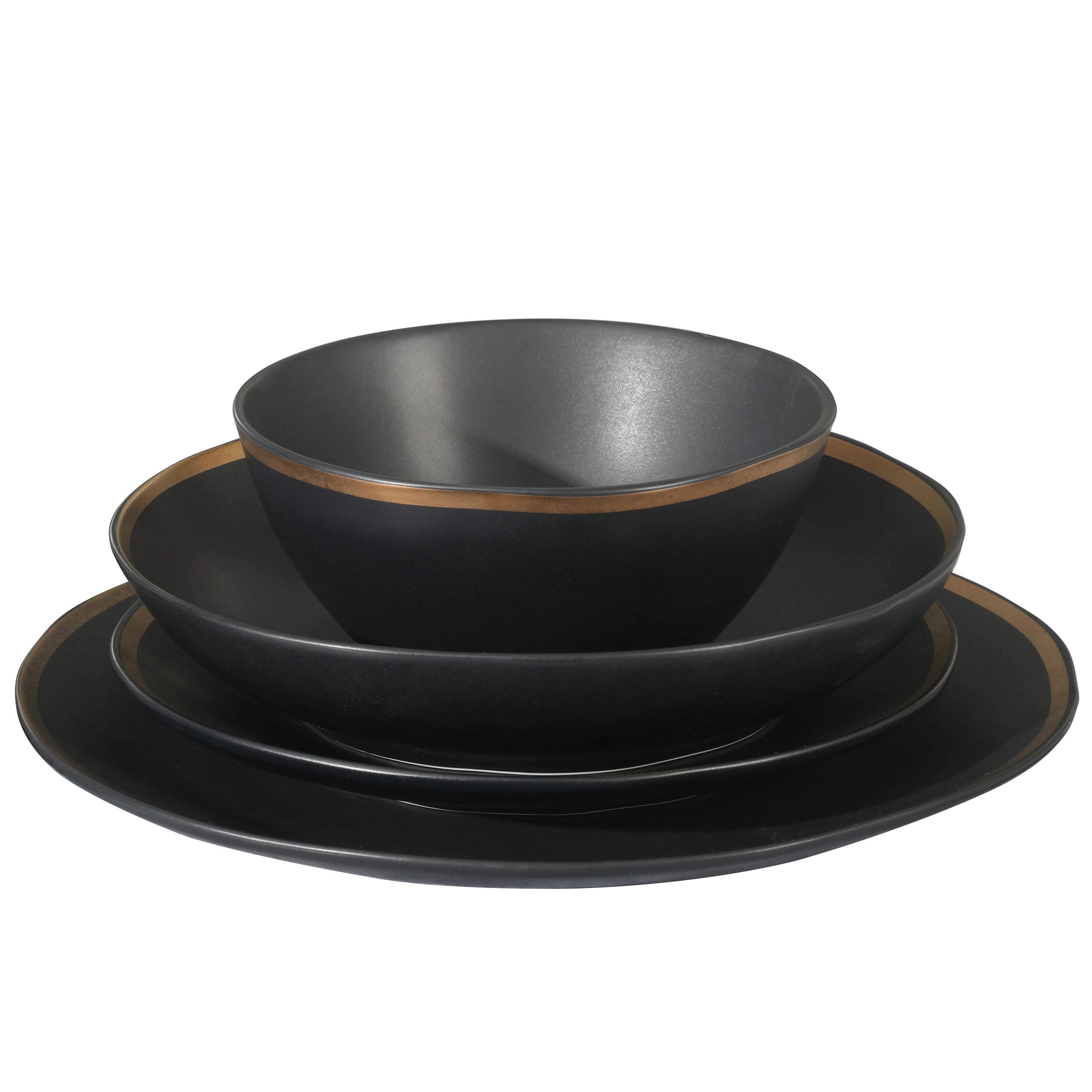 Gibson Elite 16 Piece Kings Road Gold Rimmed Porcelain Double Bowl Dinnerware Set in Matte Black