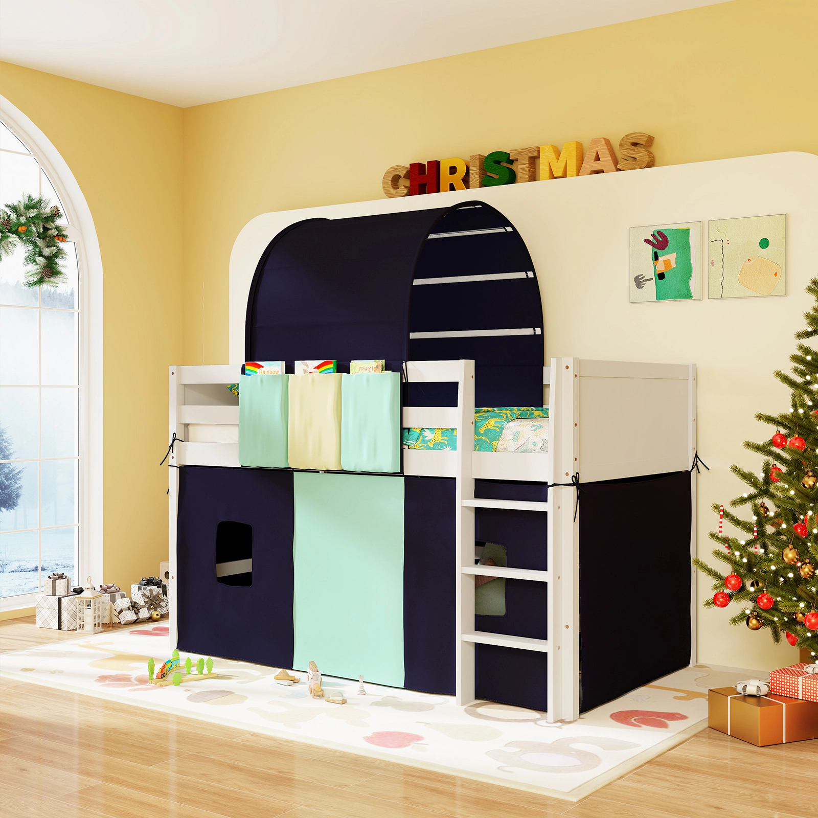 SUGIFT Navy Tower Tent and 3 Storage Pockets Twin Size Kids Loft Playhouse Bed