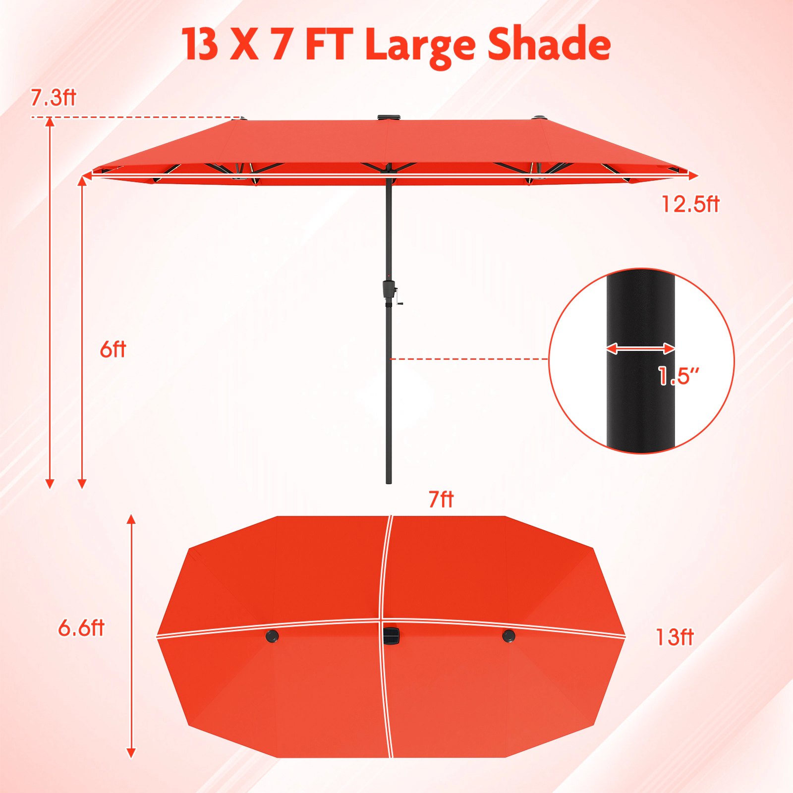 SUGIFT 13-ft Orange Rectangular Double-Sided Market Patio Umbrella with 108 Solar LED Lights and Crank Lift