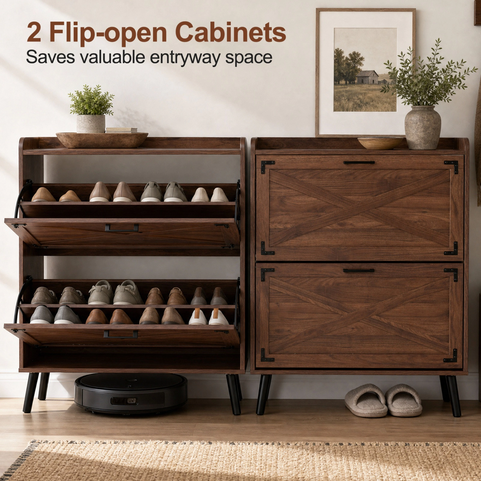 SUGIFT Brown 2 Flip Drawers and Barn Door Accents for Entryway 41 Inch Narrow Shoe Cabinet