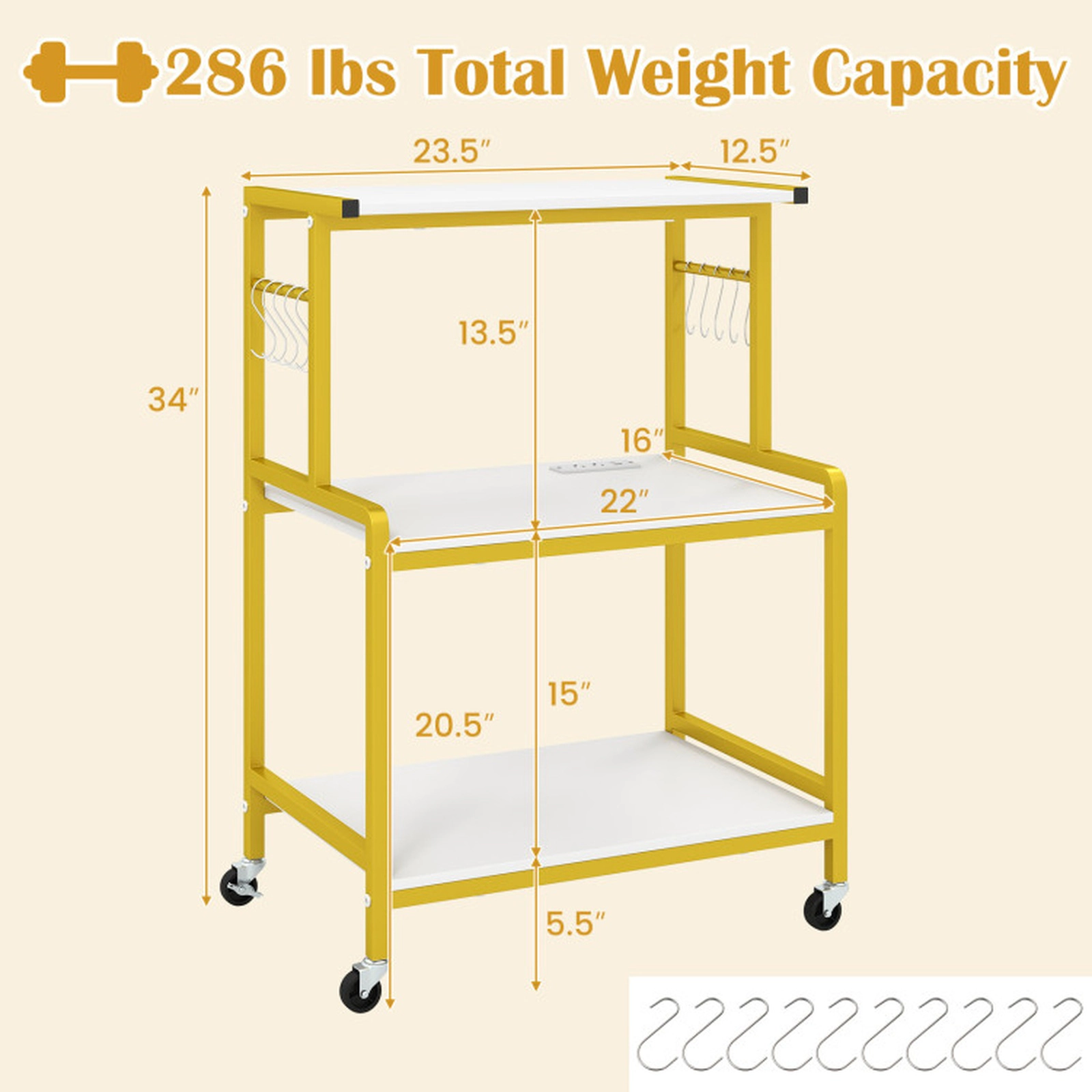 SUGIFT 3-Tier Rolling Microwave Cart with Power Outlet Lockable Wheels and 10 Hooks 286-lb Capacity White & Gold