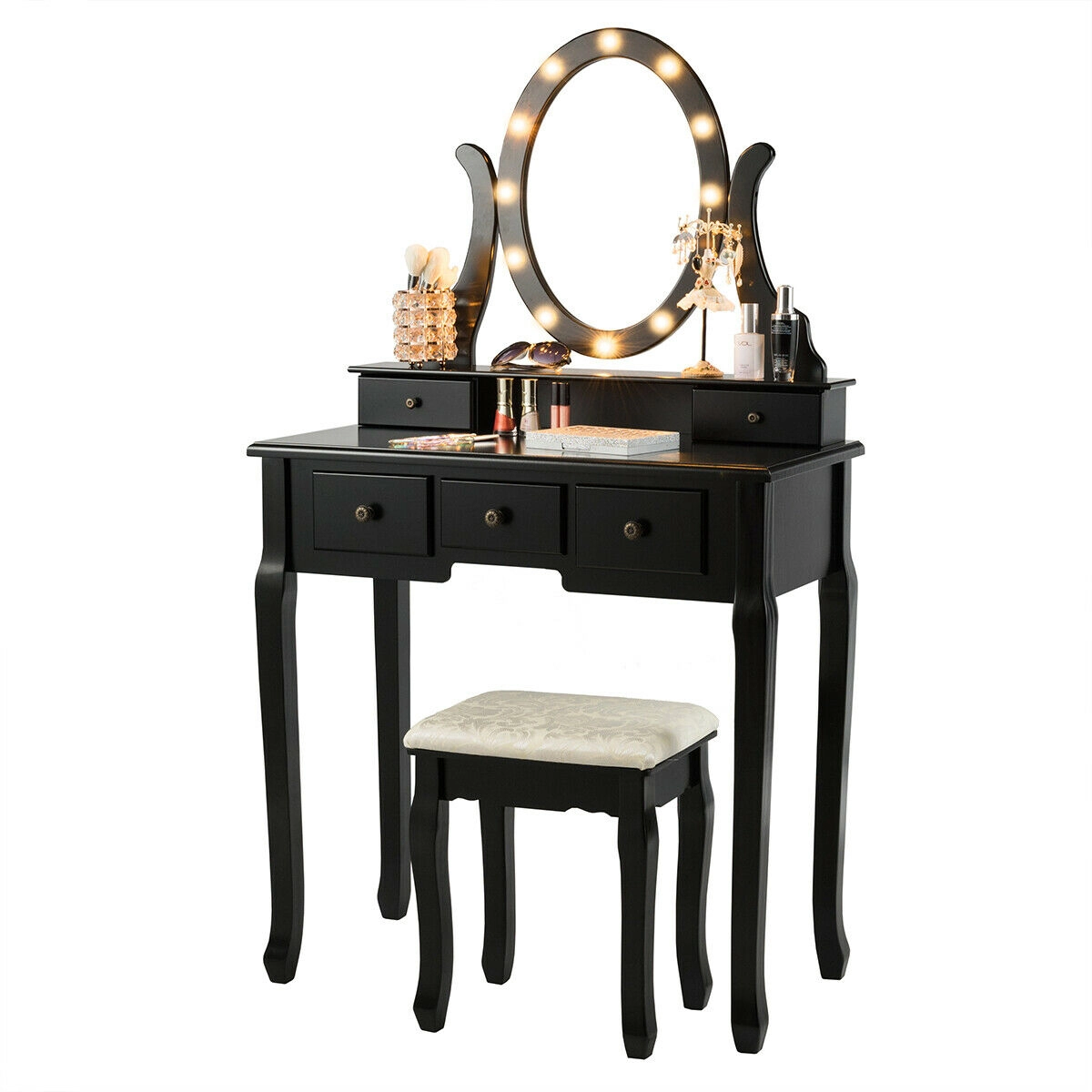 SUGIFT 5-Drawer Vanity Table and Stool Set with 12-LED Oval Mirror 31.5-in Table Height Black