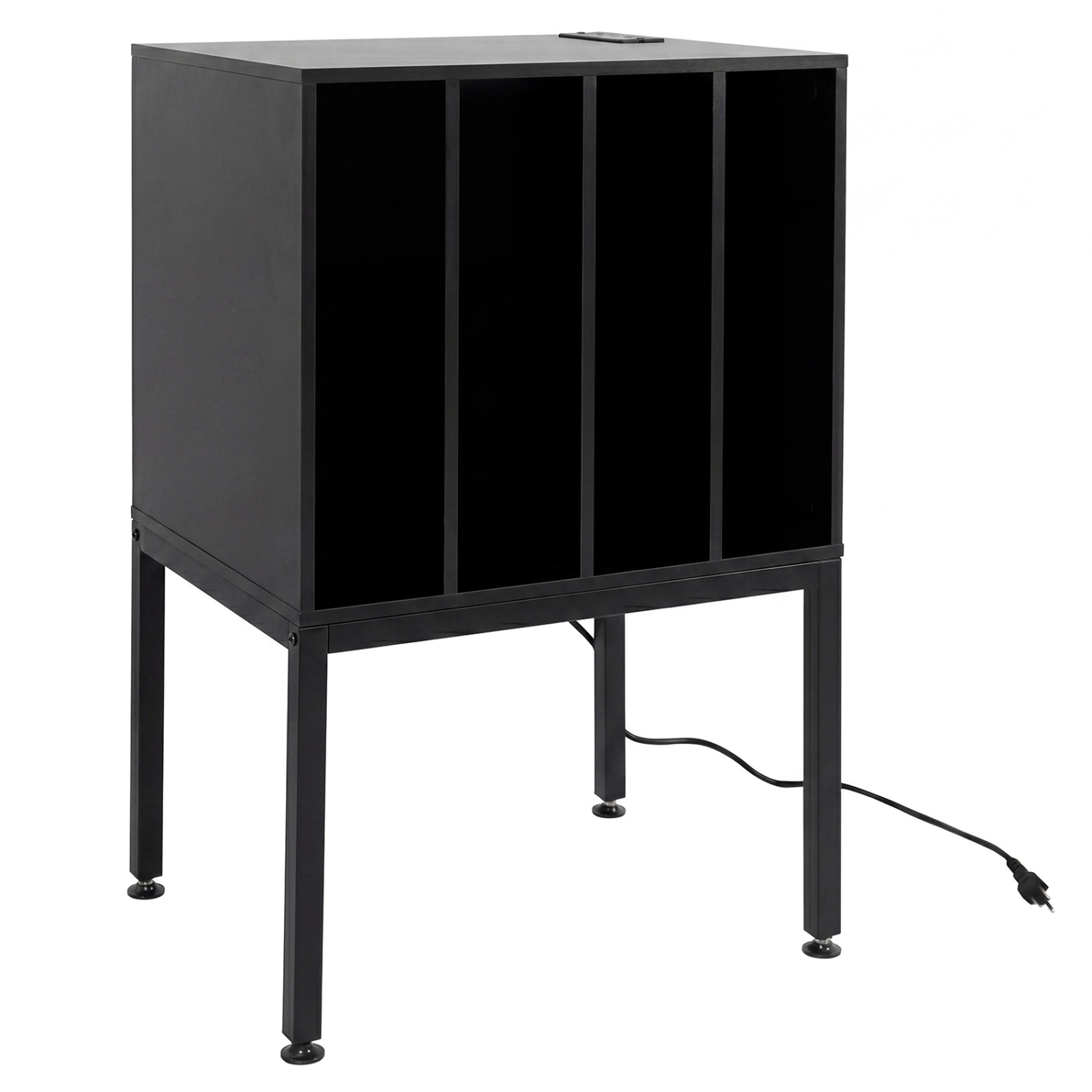 SUGIFT Turntable Record Player Stand Black with Power Outlets and 4-Partition Storage