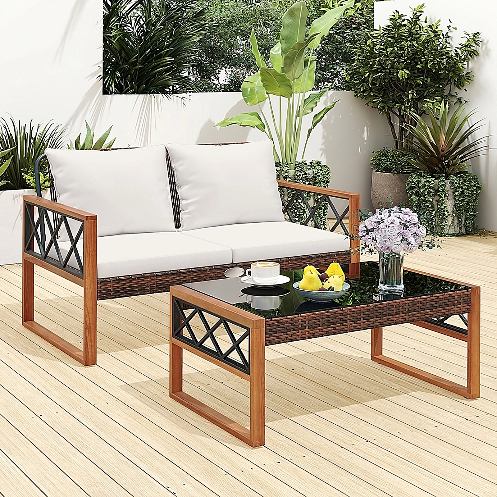 SUGIFT Acacia Wood Accents 2-Piece White PE Wicker Patio Loveseat and Coffee Table Set