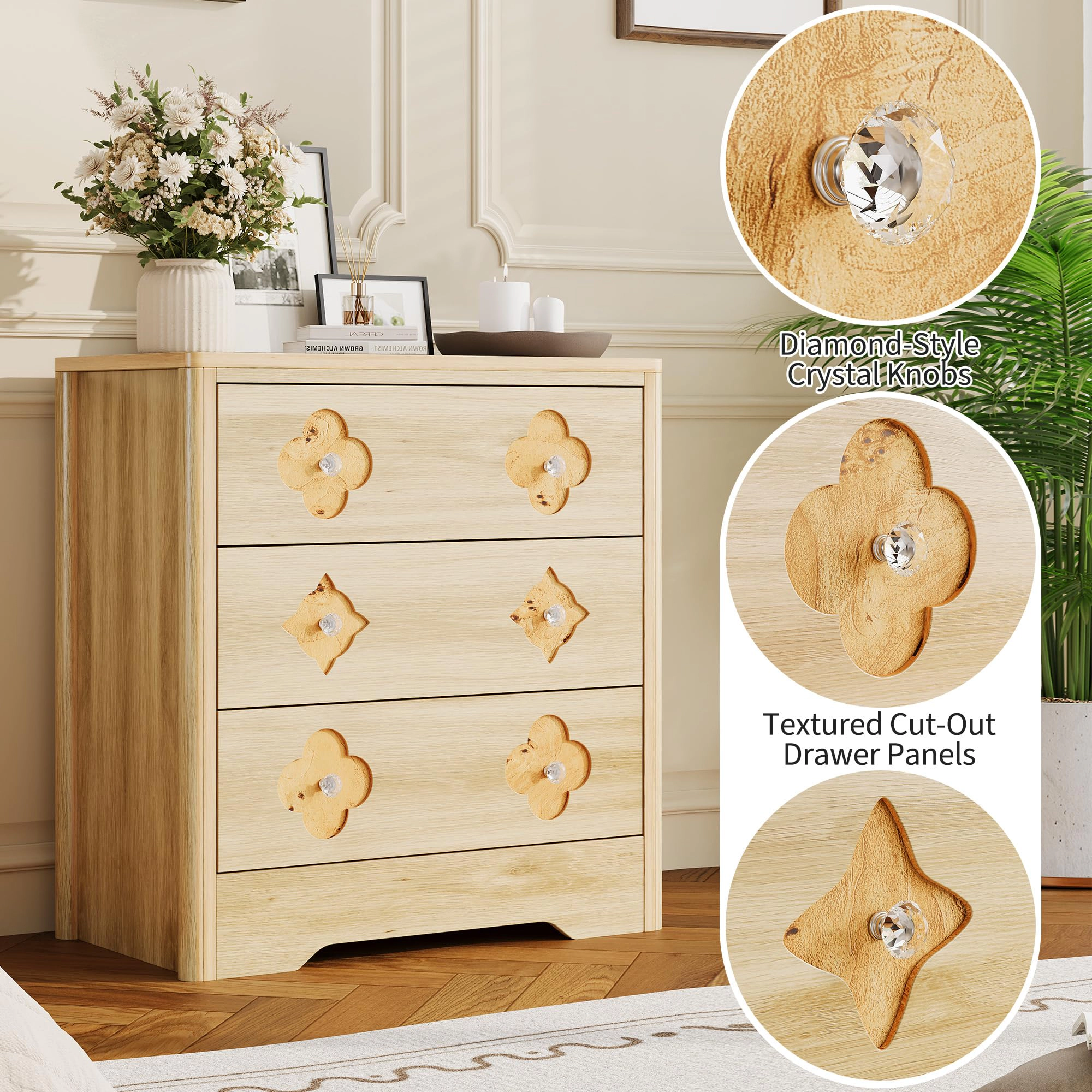 30.4" Tall 3 Drawer Wood Dresser with Decorative Fronts & Crystal Knobs, Bedroom Storage Chest
