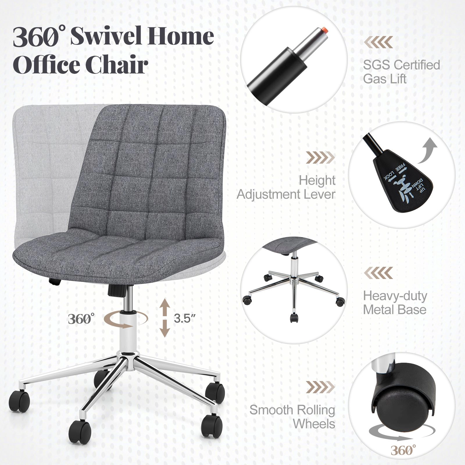 SlickBlue Gray Armless Desk Chair with Wheels Adjustable Height Swivel Office Chair