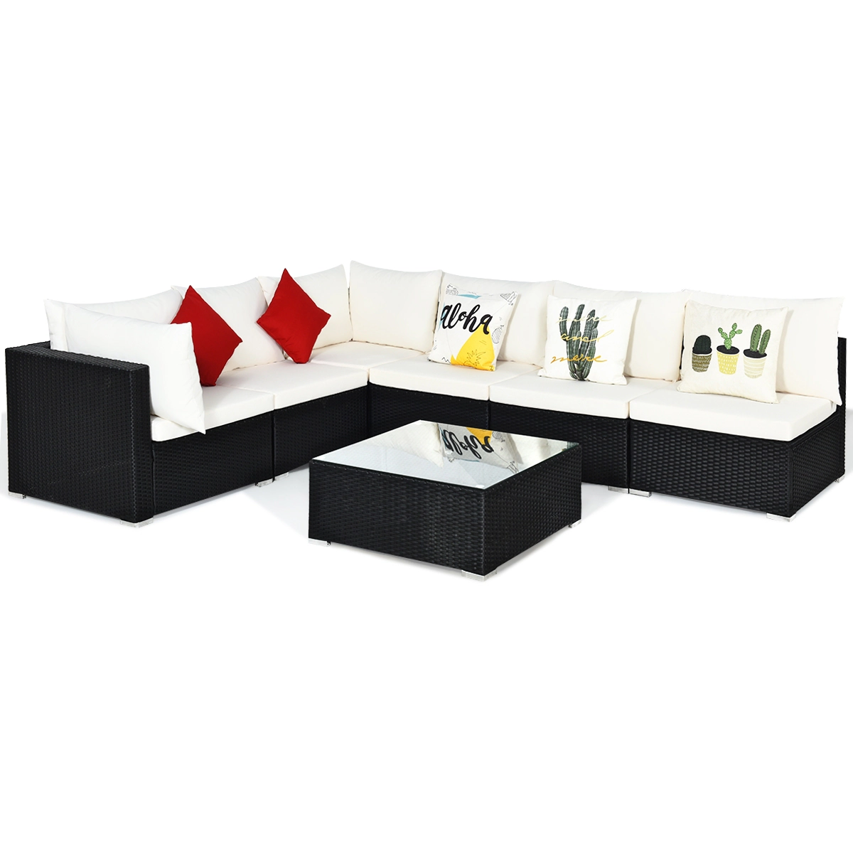 LJG 7-Piece Outdoor Sectional Wicker Patio Sofa Set with Tempered Glass Top