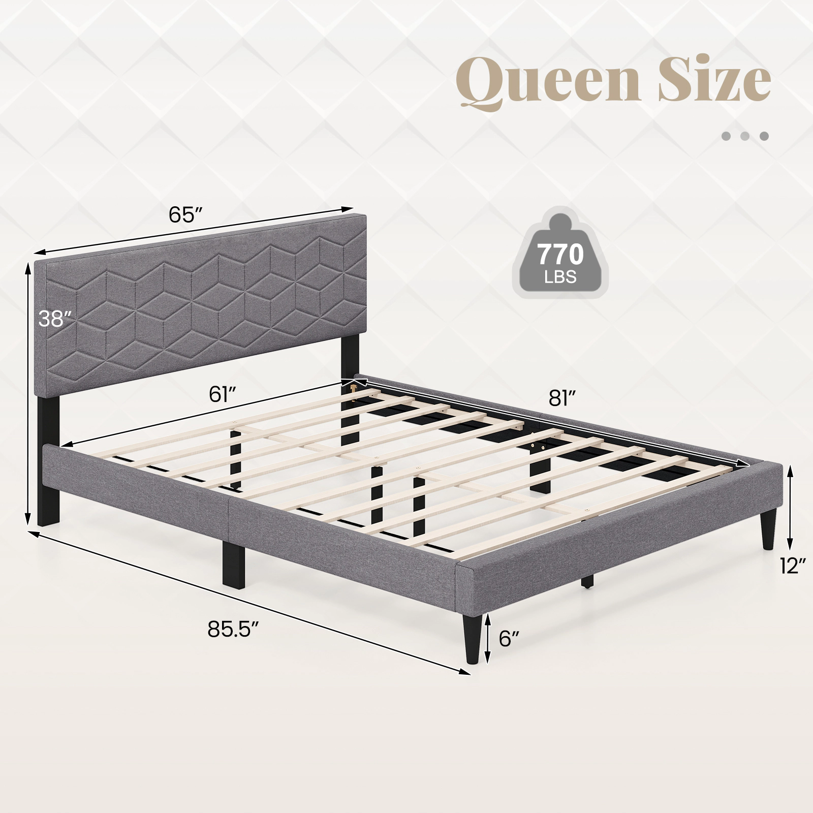 LJG Twin/Full/Queen Size Bed Frame Modern Platform Bed with Linen Fabric Upholstered Headboard