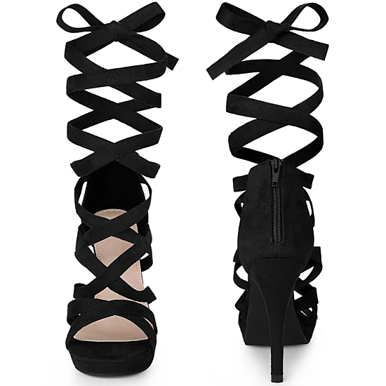 BLISSFUL STEP Women's Strappy Platform Lace Up Open Toe Stiletto Heels Sandals