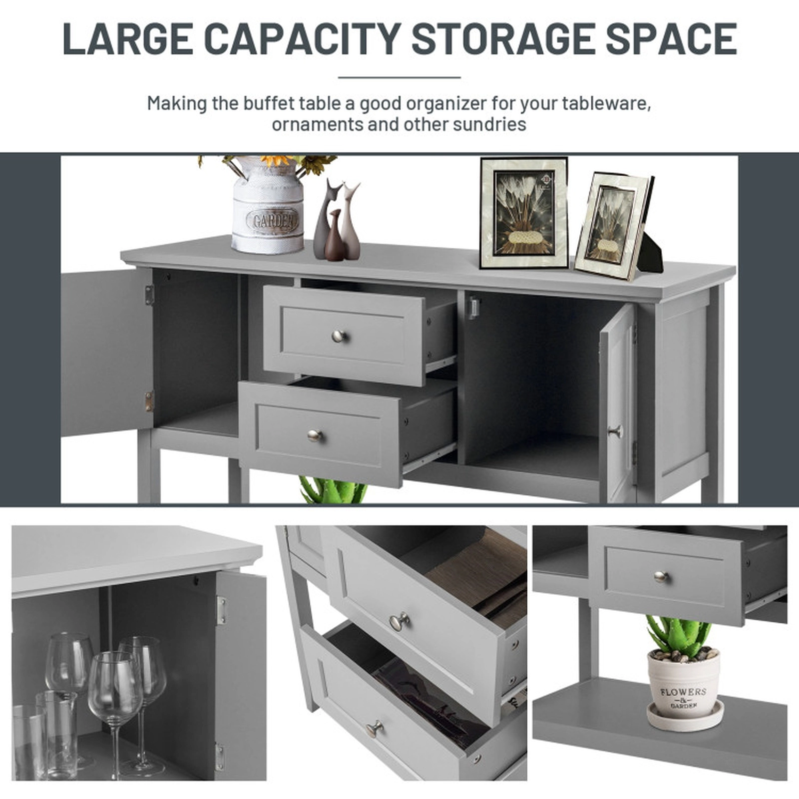 SUGIFT 46-in 220-lb Capacity Gray Wooden Sideboard Buffet Console Table with 2 Cabinets and 2 Drawers