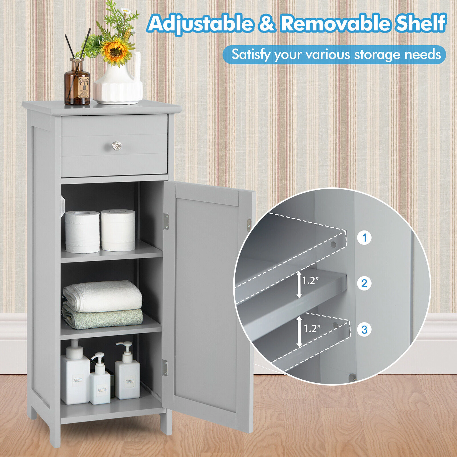 Glintex Wooden Bathroom Cabinet with Drawer 2 Shelves and Anti-Slip Foot Pads