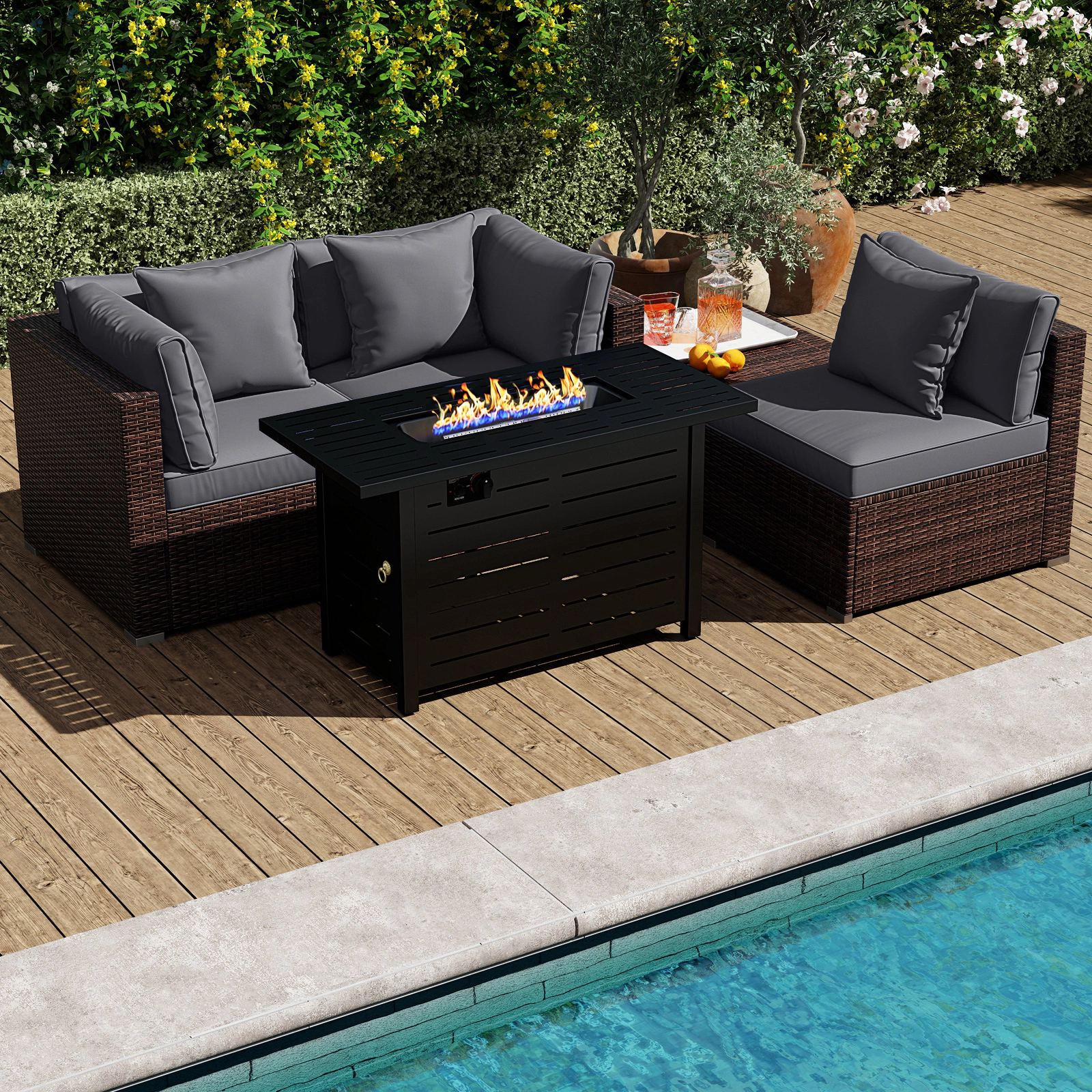 SUGIFT Heavy-duty Frame Rattan Conversation Sofa Set with 60000 BTU Firepit Table 400-lb Capacity Mix Brown Rattan Gray