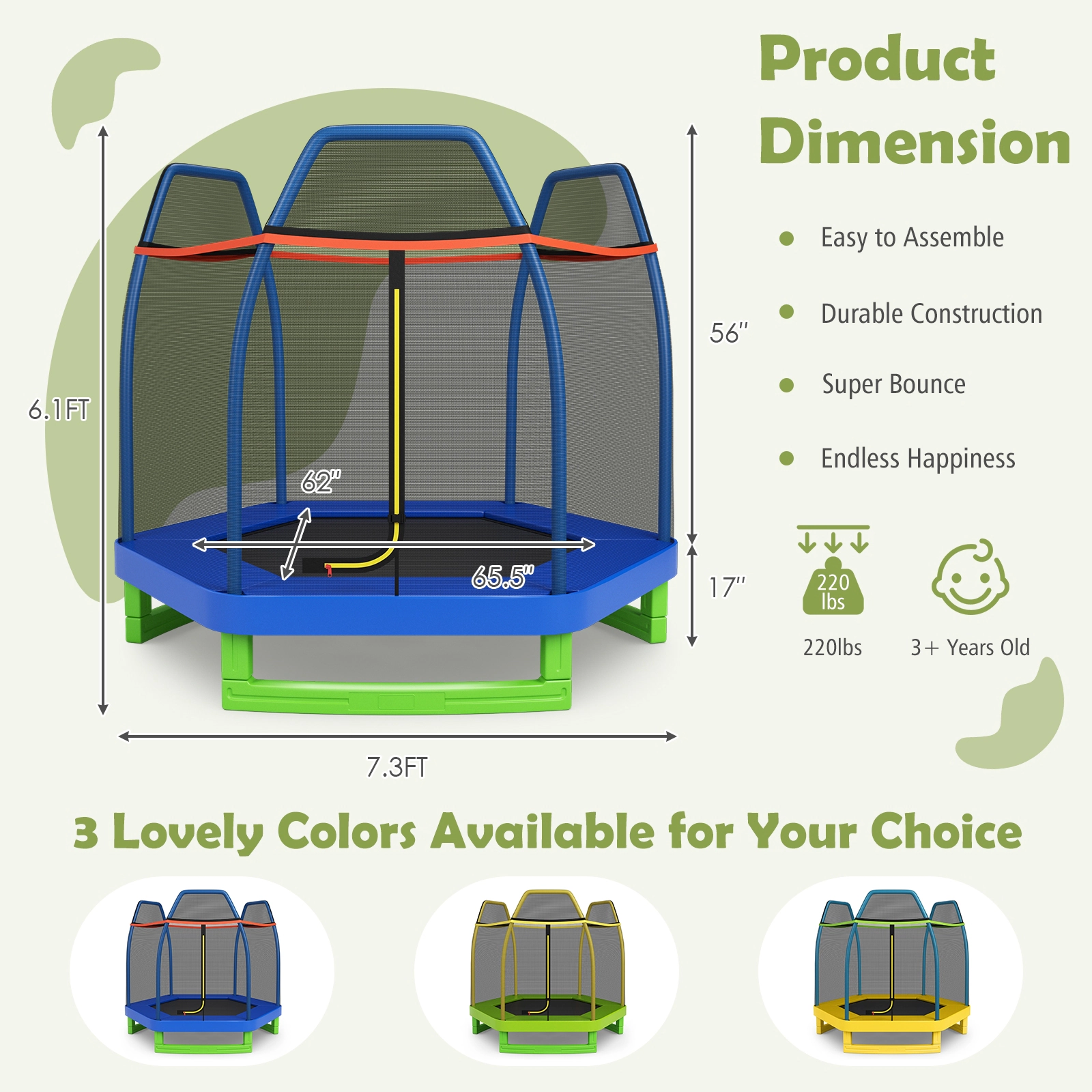 SUGIFT Safety Enclosure Net and 36 Springs 7 Feet Kids Recreational Trampoline
