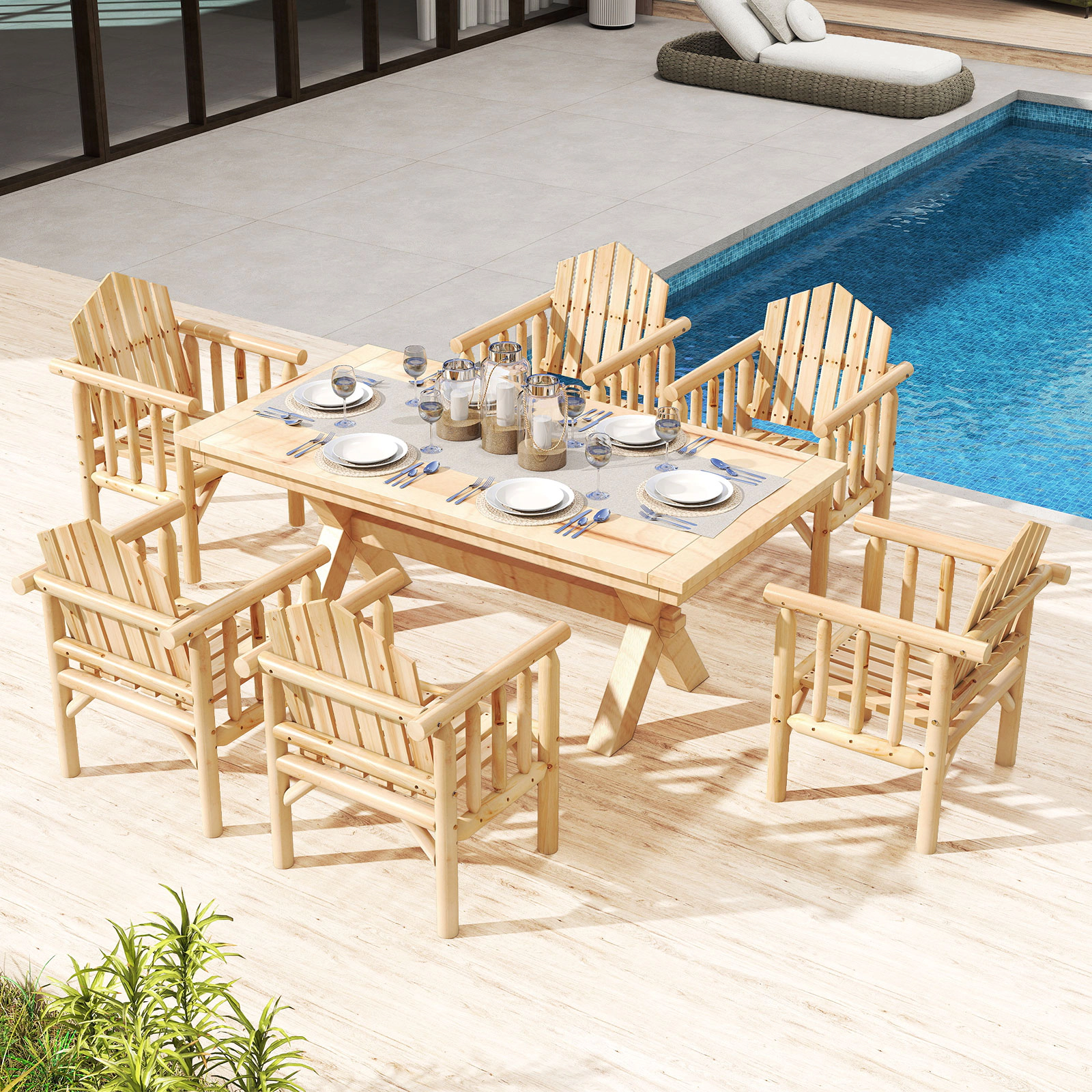 SUGIFT Natural Wood Outdoor Dining Chair with Arms, Reclined High Back, 330-lb Capacity