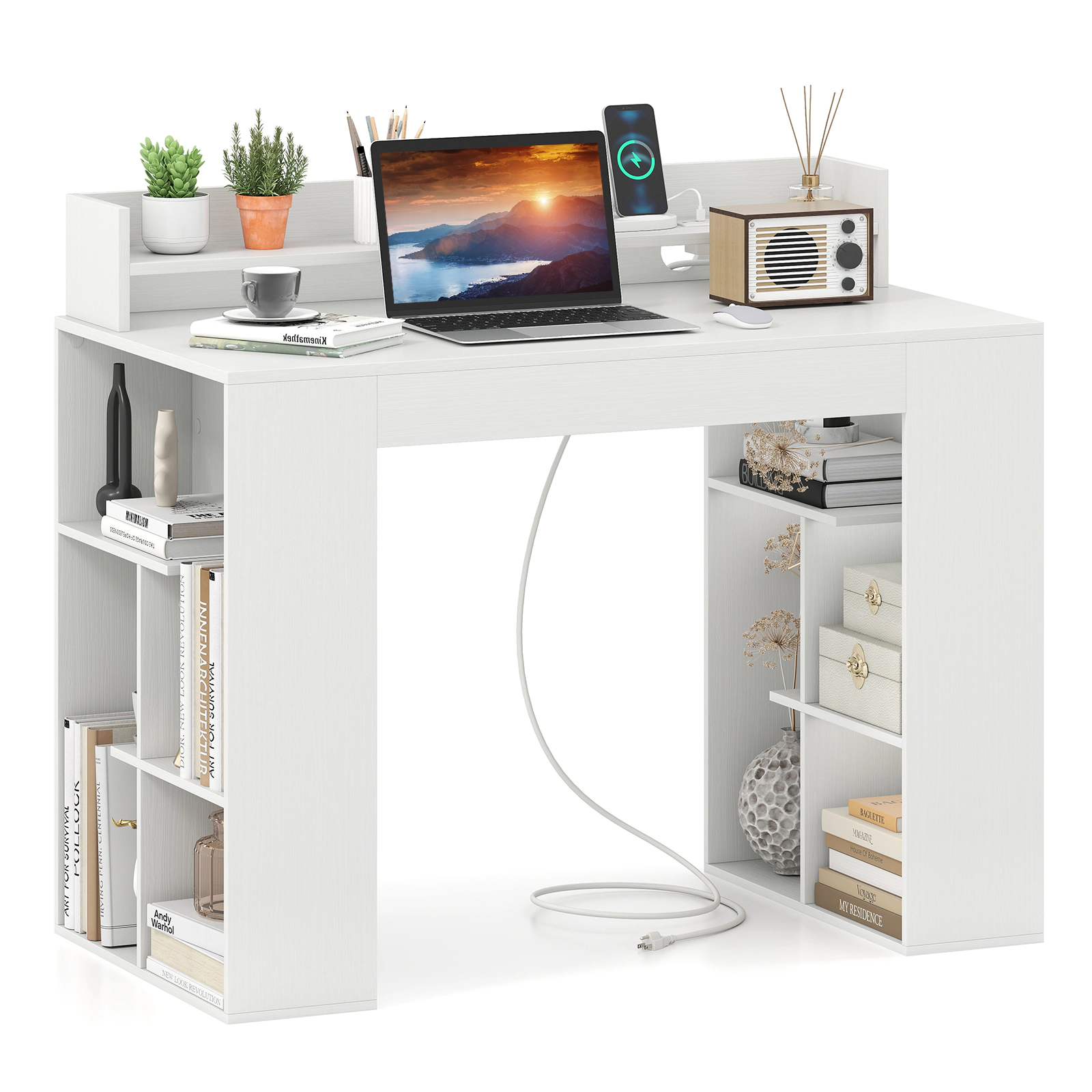 LJG 43 Inch Computer Desk with Power Outlets and 2 Bookcases