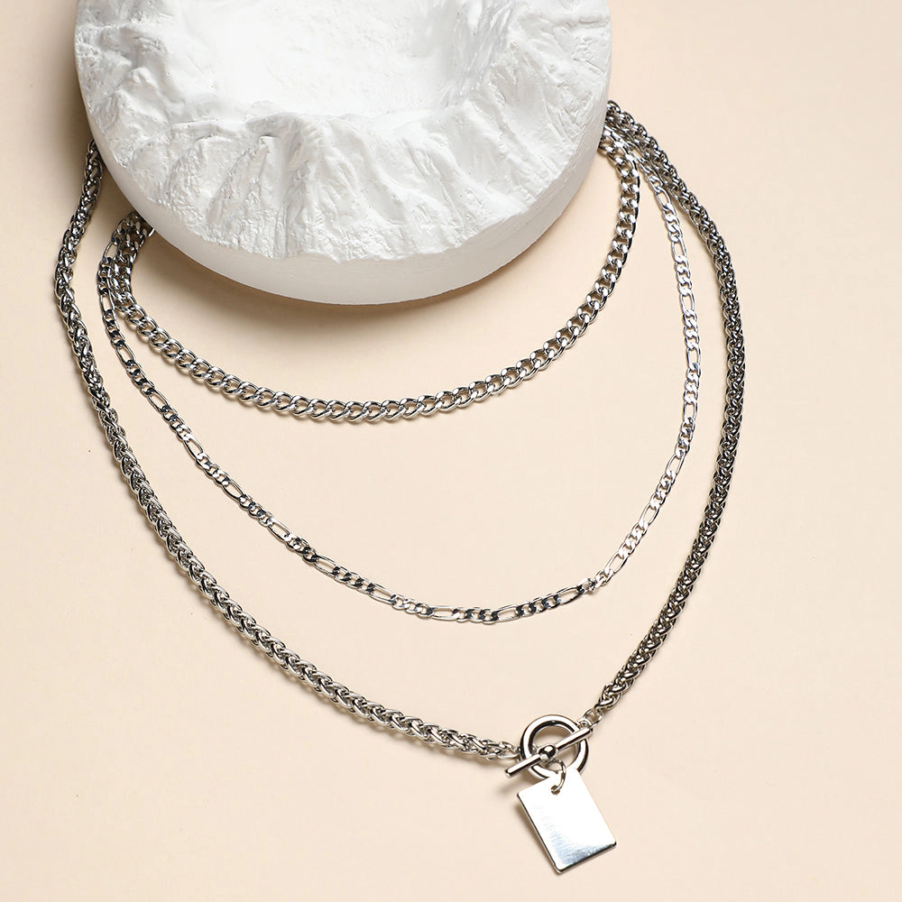 SOHI Women's Metallic Silver the Interlock Charm Multi-Layer Necklace