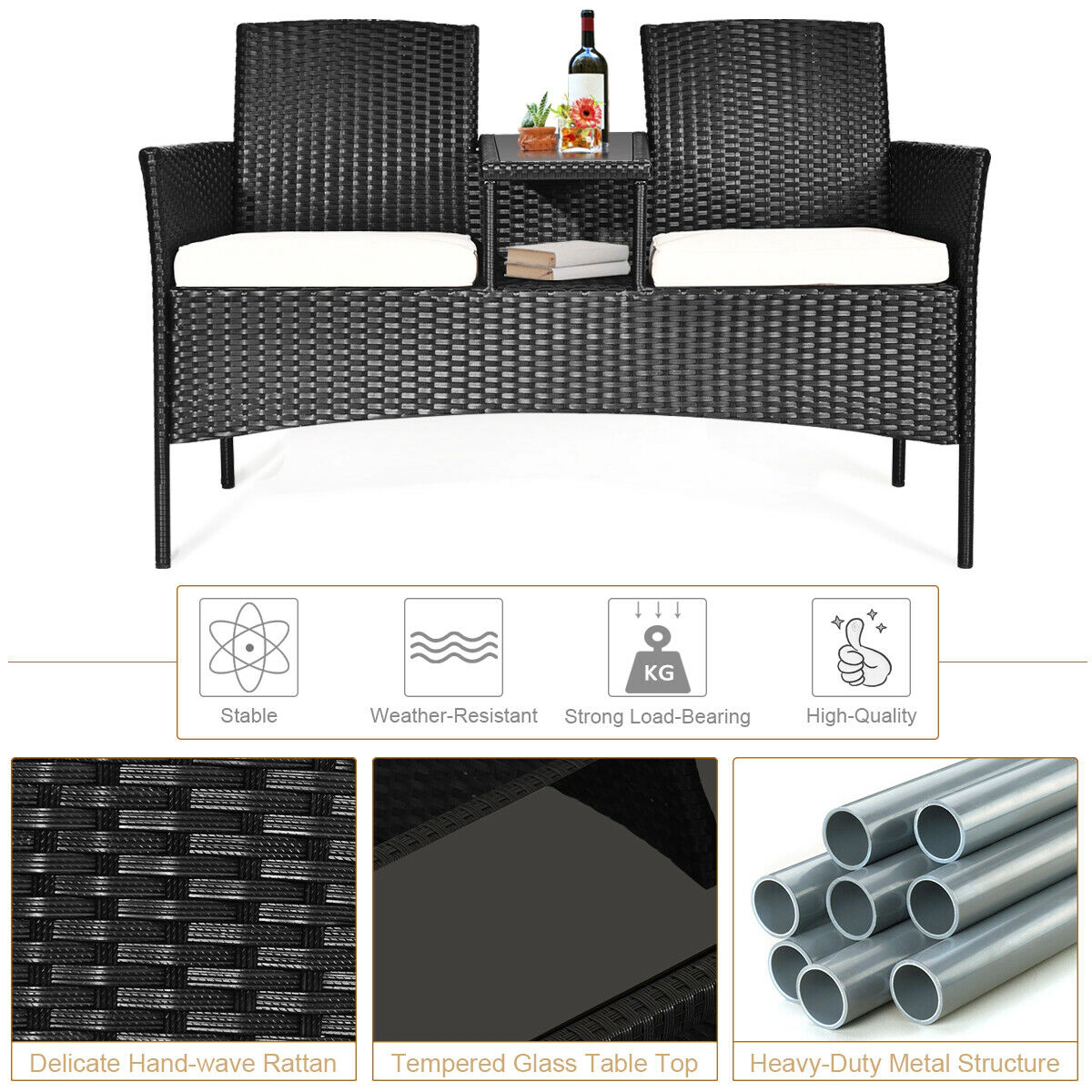 SUGIFT White Center Table and Removable Cushions Wicker Patio Loveseat Conversation Set