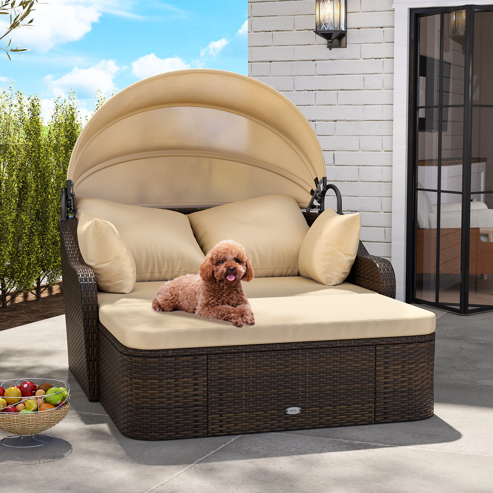 LJG Patio PE Rattan Daybed with Retractable Canopy and Soft Cushions