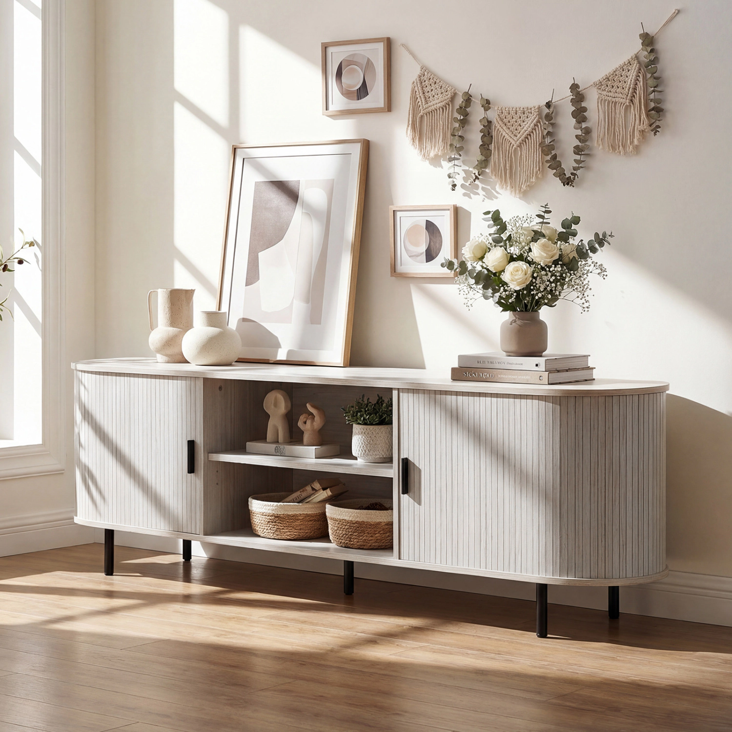 LJG TV Stand for 80 Inch TVs Mid Century Modern Entertainment Center with Fluted Sliding Doors
