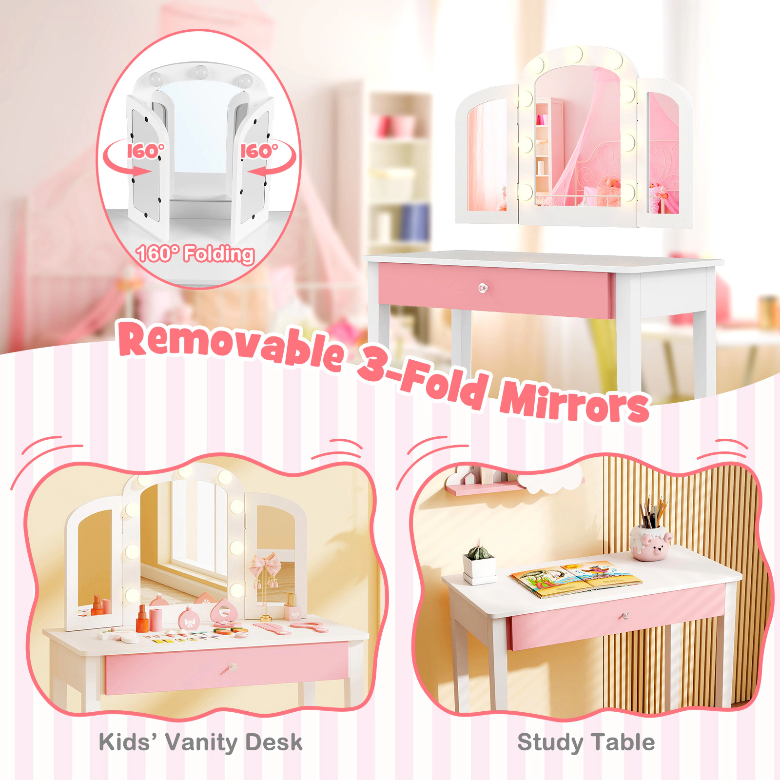 SUGIFT Kids Vanity Table Set with Stool, Tri-Fold Lighted Acrylic Mirror and Drawer