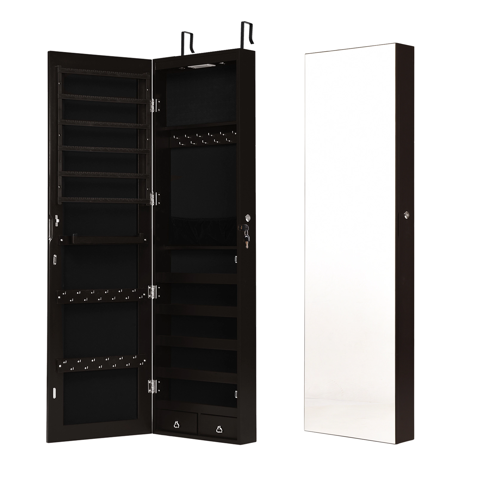SUGIFT Brown Mirrored Jewelry Armoire with 98 Ring Slots 36 Hooks and 2 Drawers Wall or Door Mounted