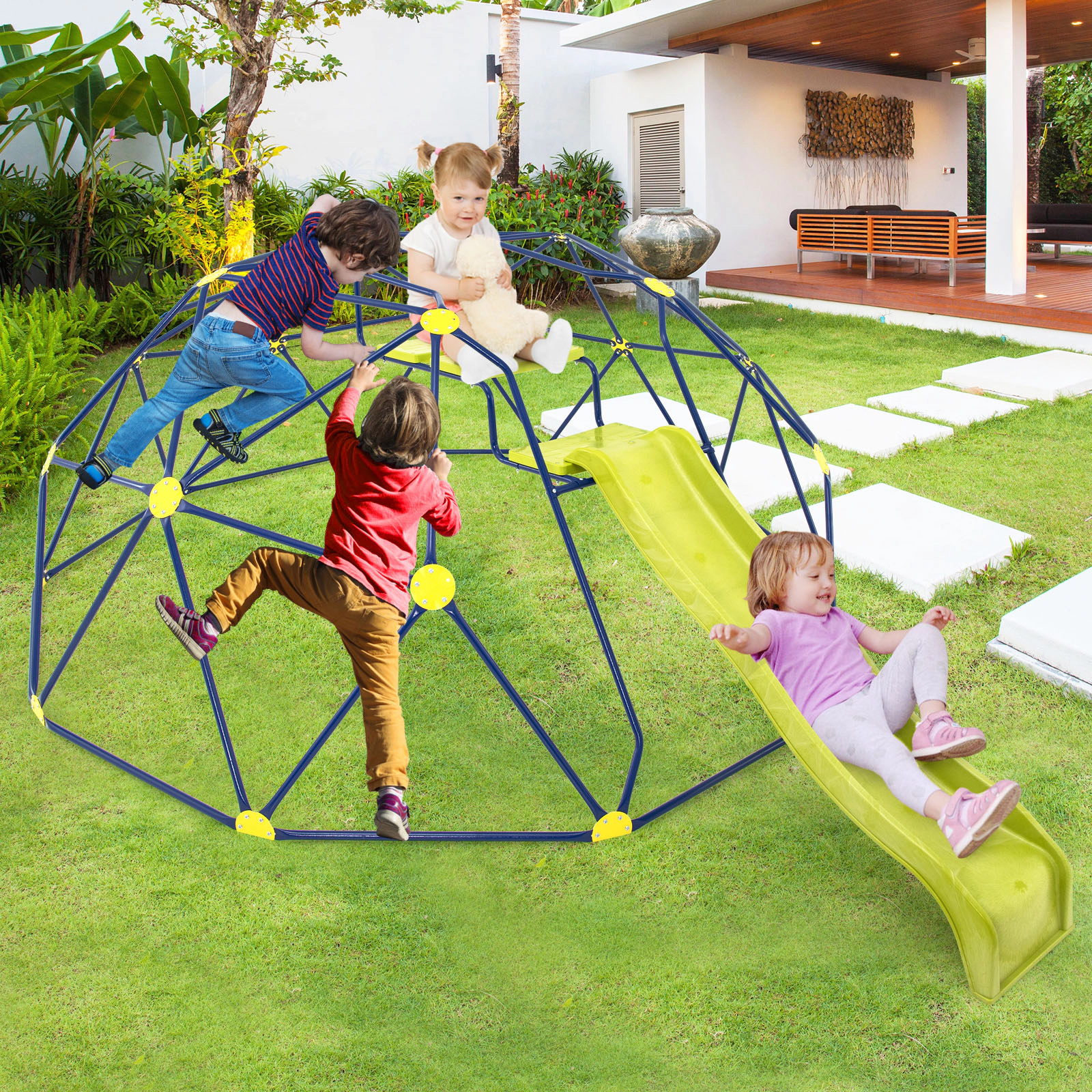 LJG Kids 13.3 FT Climbing Dome Geometric Dome Climber with Extended Wavy Slide and 2 Rest Platforms