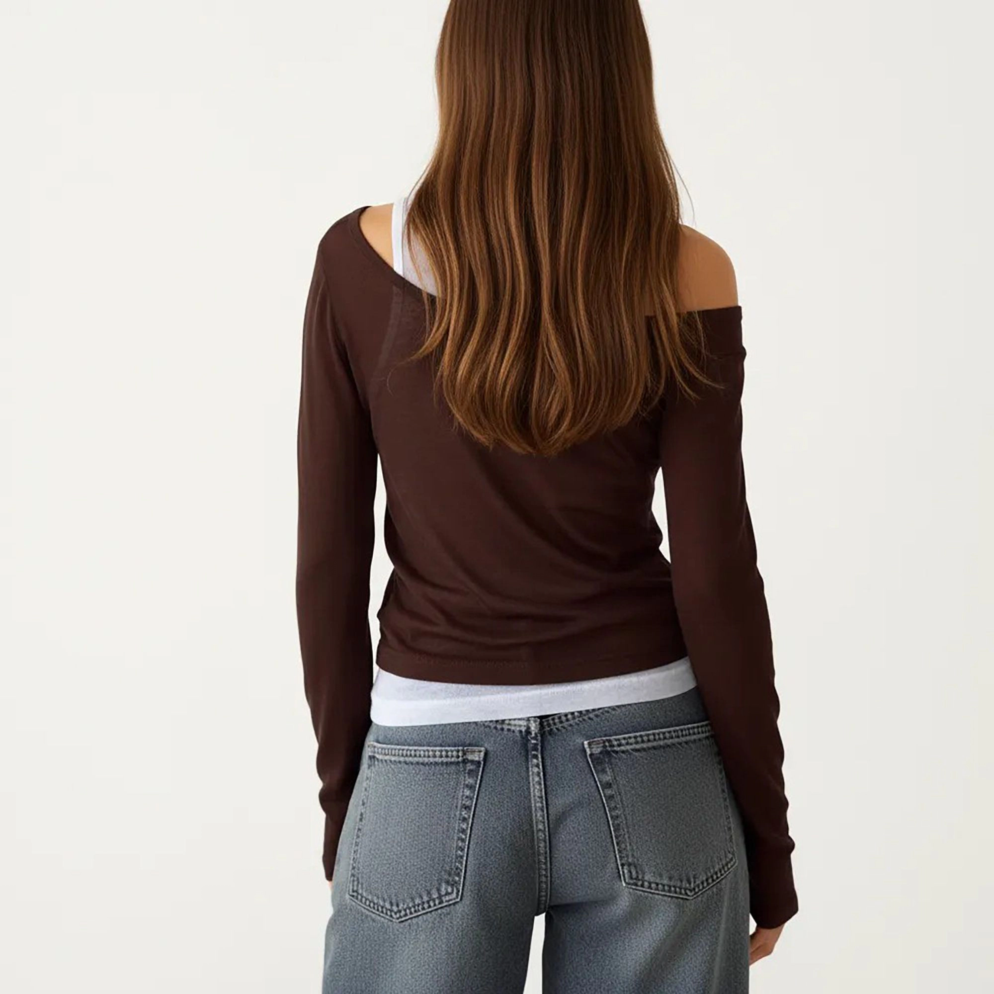 Anna-Kaci Women's Off Shoulder Long Sleeve Layered Knit Top with Relaxed Fit